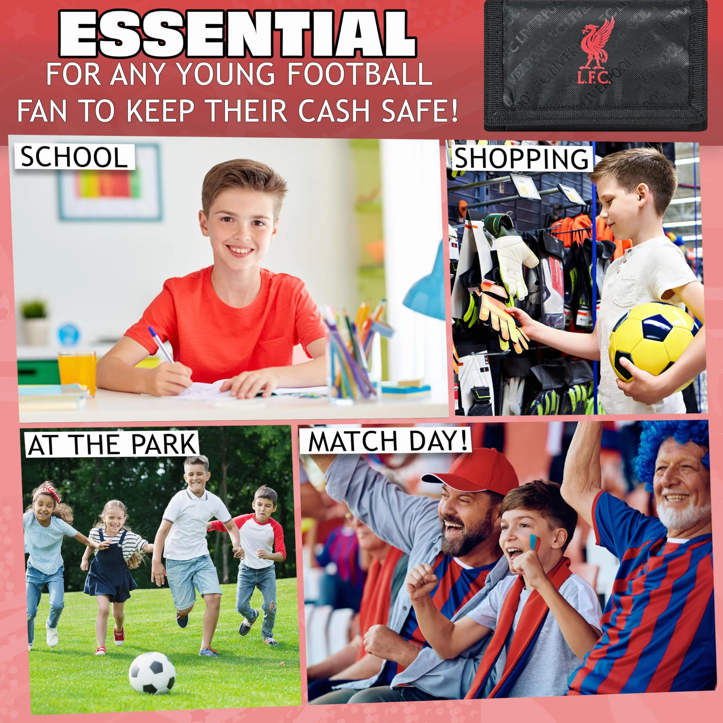Liverpool F.C. Zestaw akcesoriów do portfela dla fanów sportu z przegródkami na karty i kieszenią na monety, sprzęt kibica, prezenty piłkarskie dla chłopców, Czarny, Jeden rozmiar, Nowoczesny