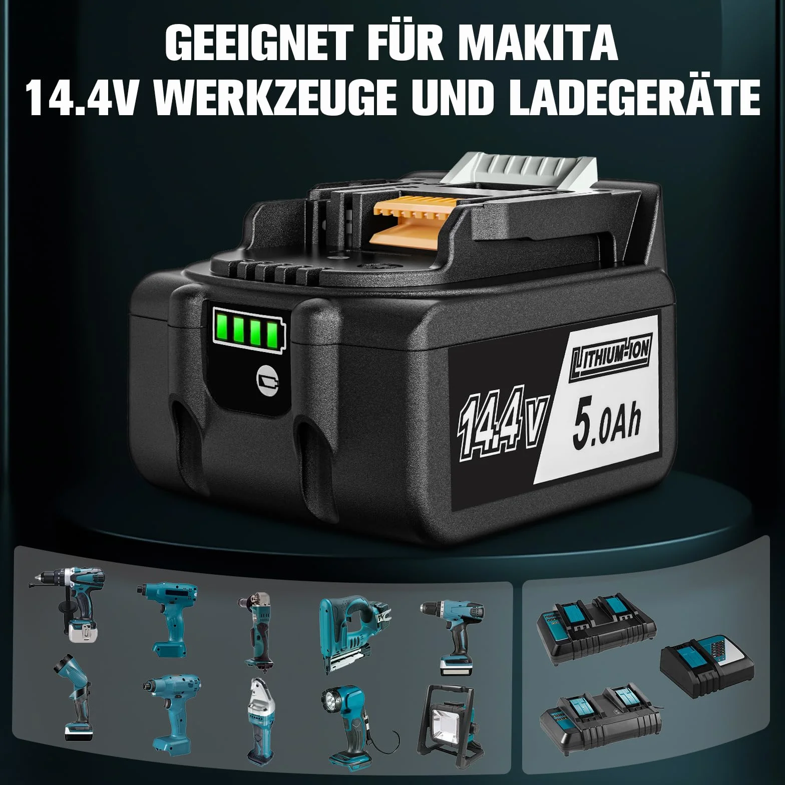 Akumulator litowo-jonowy 14,4V 5000mAh zamiennik do Makita BL1450 BL1440 BL1430 BL1415 BL1415N z wyświetlaczem LED