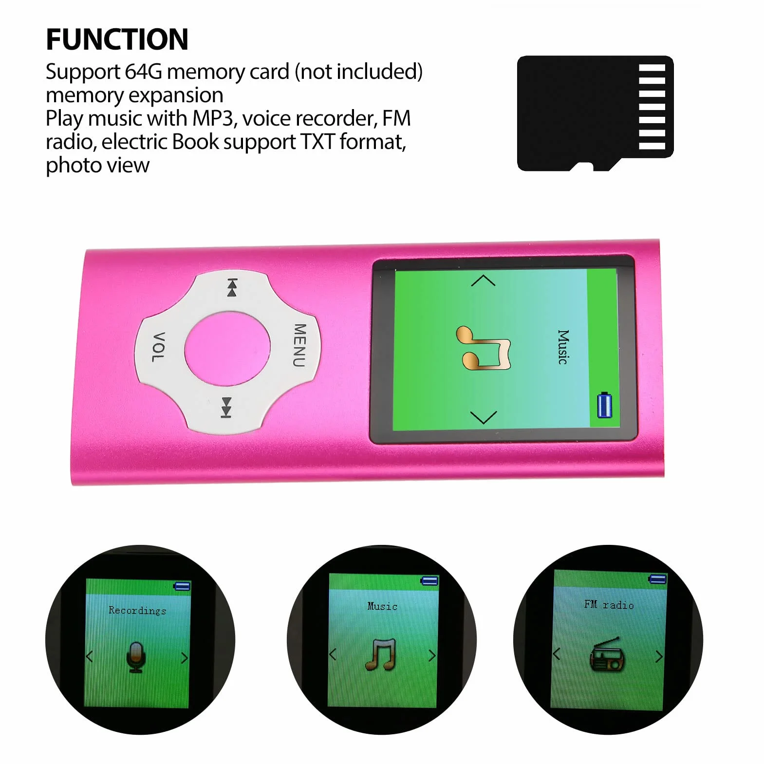 Odtwarzacz MP3 Przenośny Odtwarzacz Muzyczny, 1,8-calowy Ekran LCD Cyfrowy Odtwarzacz Audio Wsparcie Nagrywanie Radio FM Elektryczna Książka Przeglądanie zdjęć, Mini Odtwarzacz (Różowy)