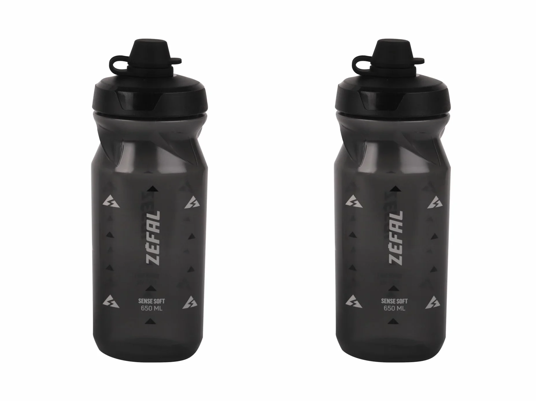 ZEFAL Zestaw Sense Soft 65 No-Mud - Zestaw dwóch kanistrów rowerowych i MTB - Miękka i bezzapachowa sportowa butelka - Bidon na wodę bez BPA - Silikonowy smoczek - Smoky Black, 2 x 650 ML