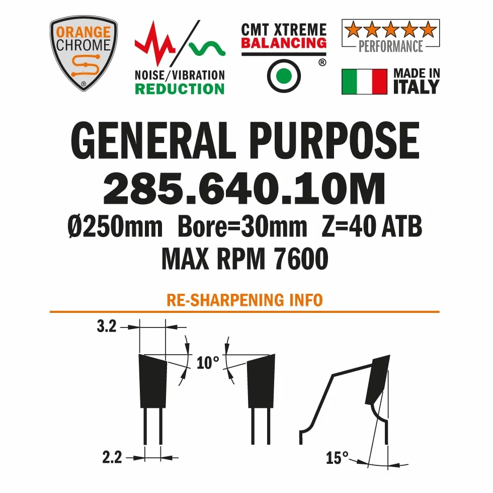 CMT Orange Tools brzeszczot do piły tarczowej HW 250 x 3,2/2,2 x 30 Z40 15ATB chromowany