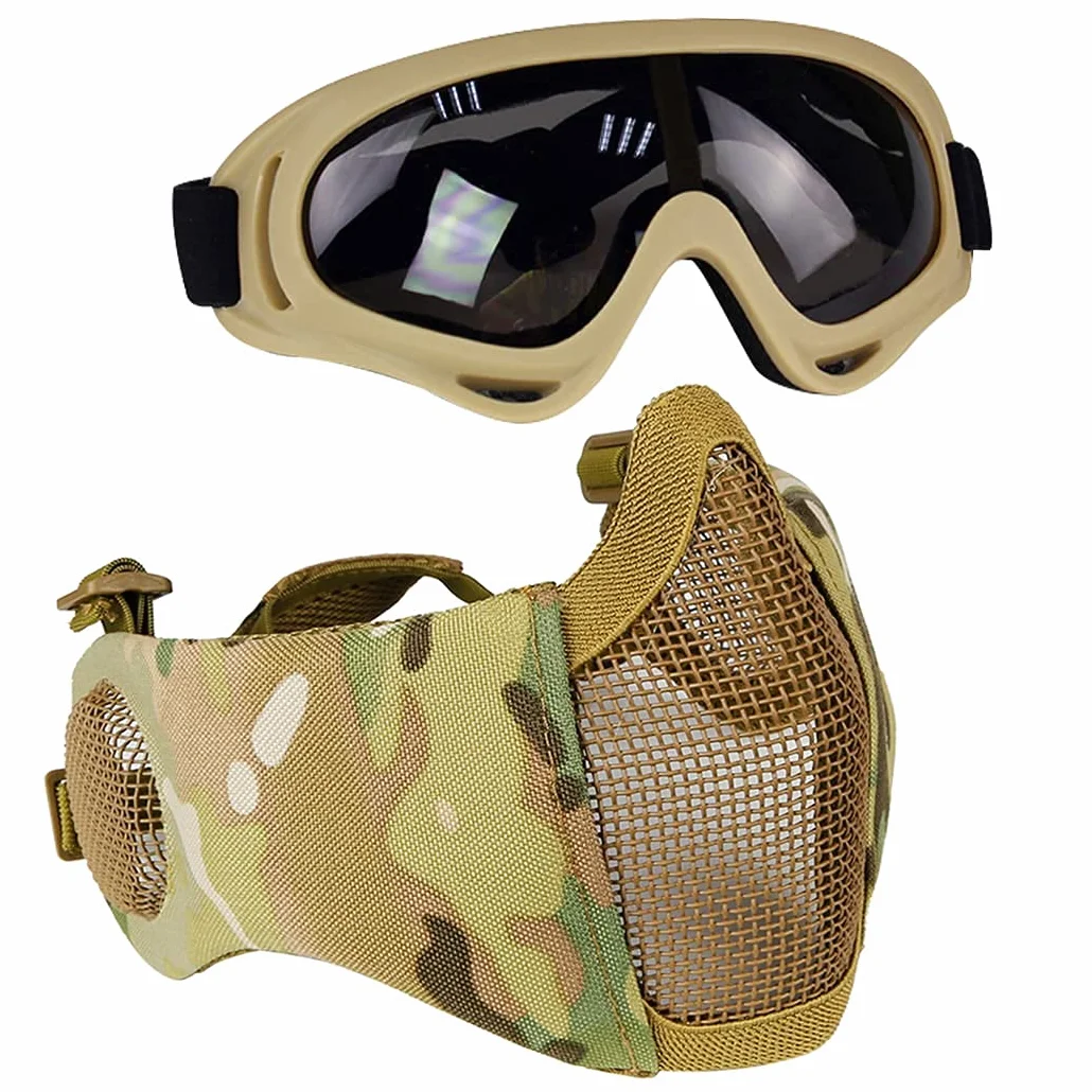 Zestaw sprzętu ochronnego Airsoft, półmaska siatkowa z ochroną uszu i goglami, zestaw do CS, polowania, paintballa, strzelania