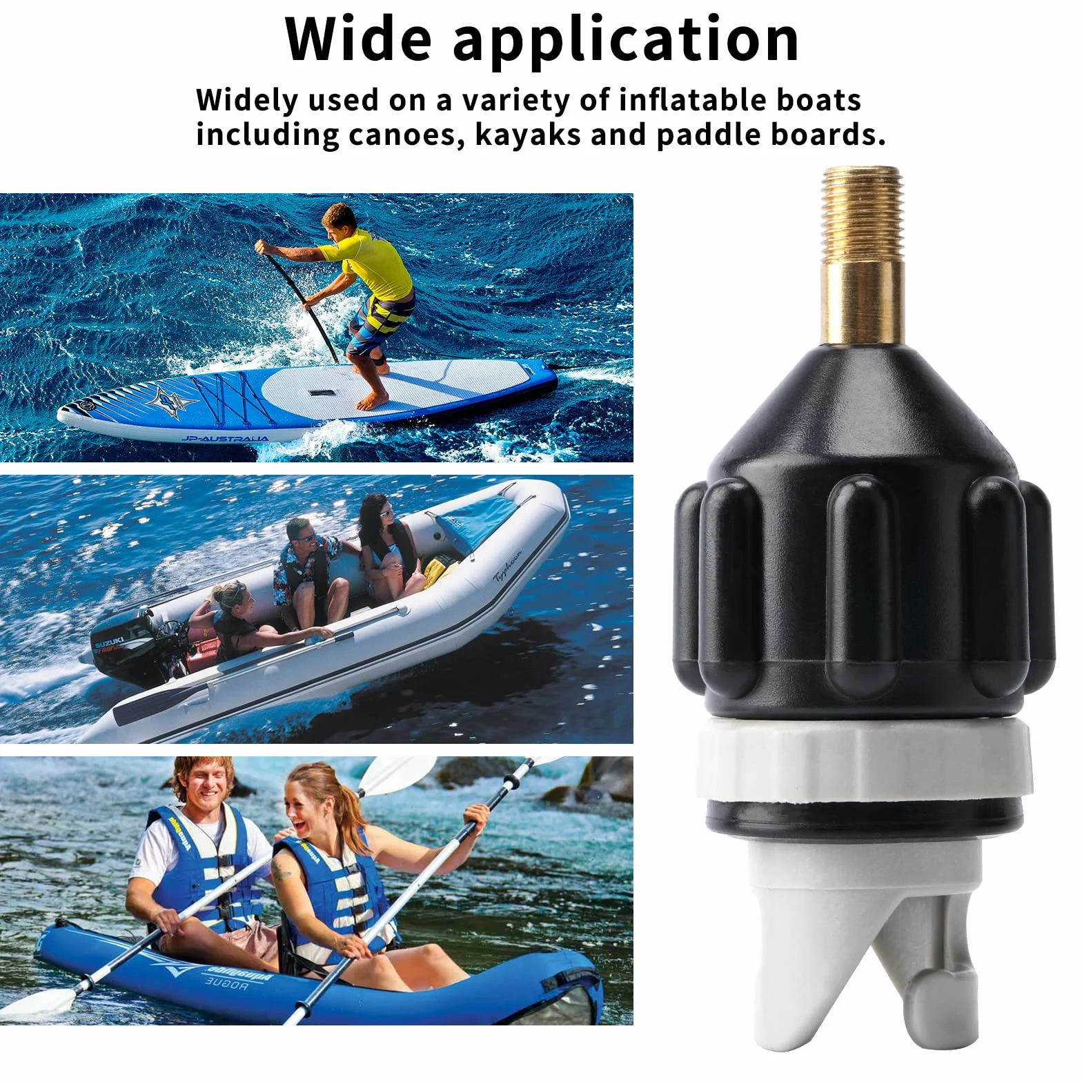 Adapter do sprężarki, pontonu, adapter do wentylu z 4 dyszami gazowymi, akcesoria do surfowania, adapter pompy do deski stojącej, nadmuchiwane łóżko (czarny)