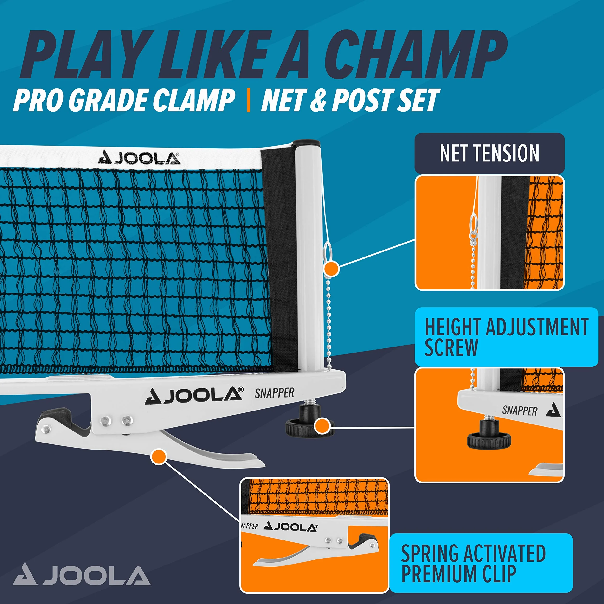 JOOLA 31013 siatka do tenisa stołowego Snapper-Indoor zestaw do sportów rekreacyjnych regulacja wysokości za pomocą śruby blokującej – technologia zaciskowa, srebrna/czarna, jeden rozmiar