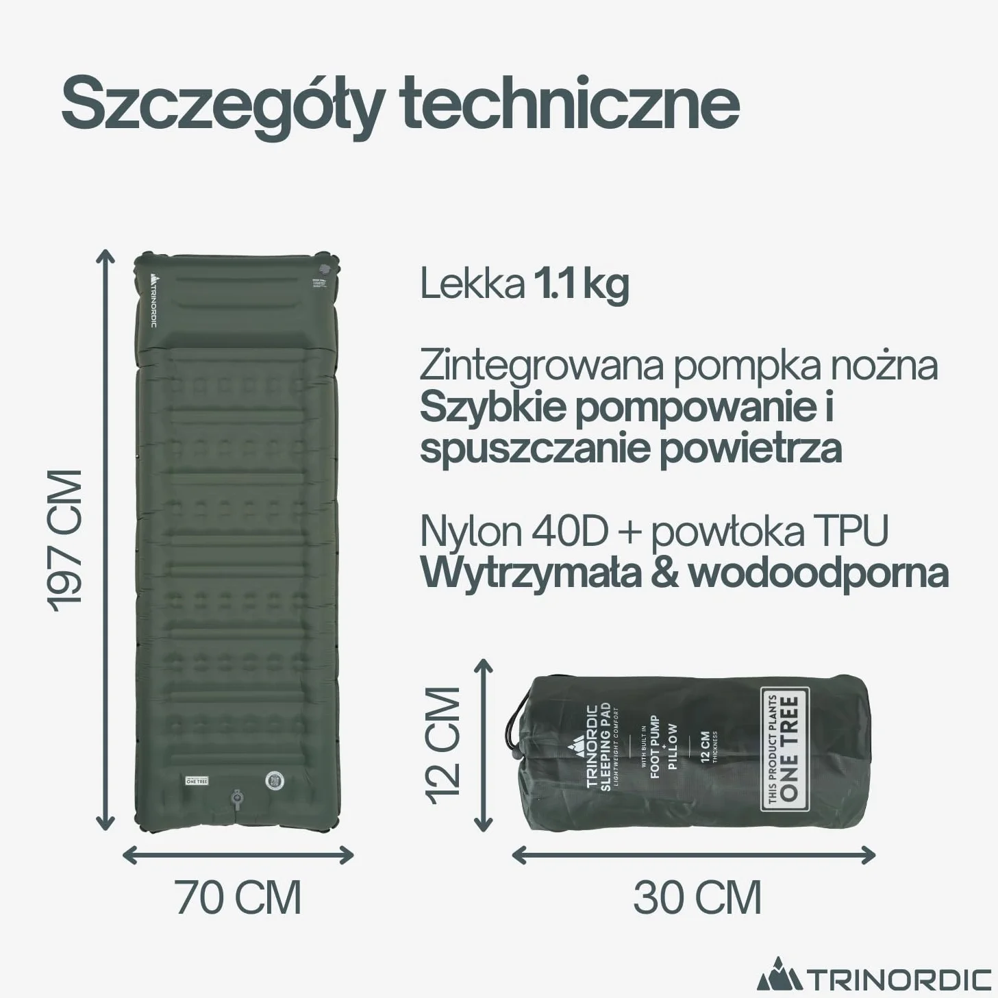 Trinordic Nadmuchiwany Materac Kempingowy 12 cm z Wbudowaną Pompką Nożną i Poduszką