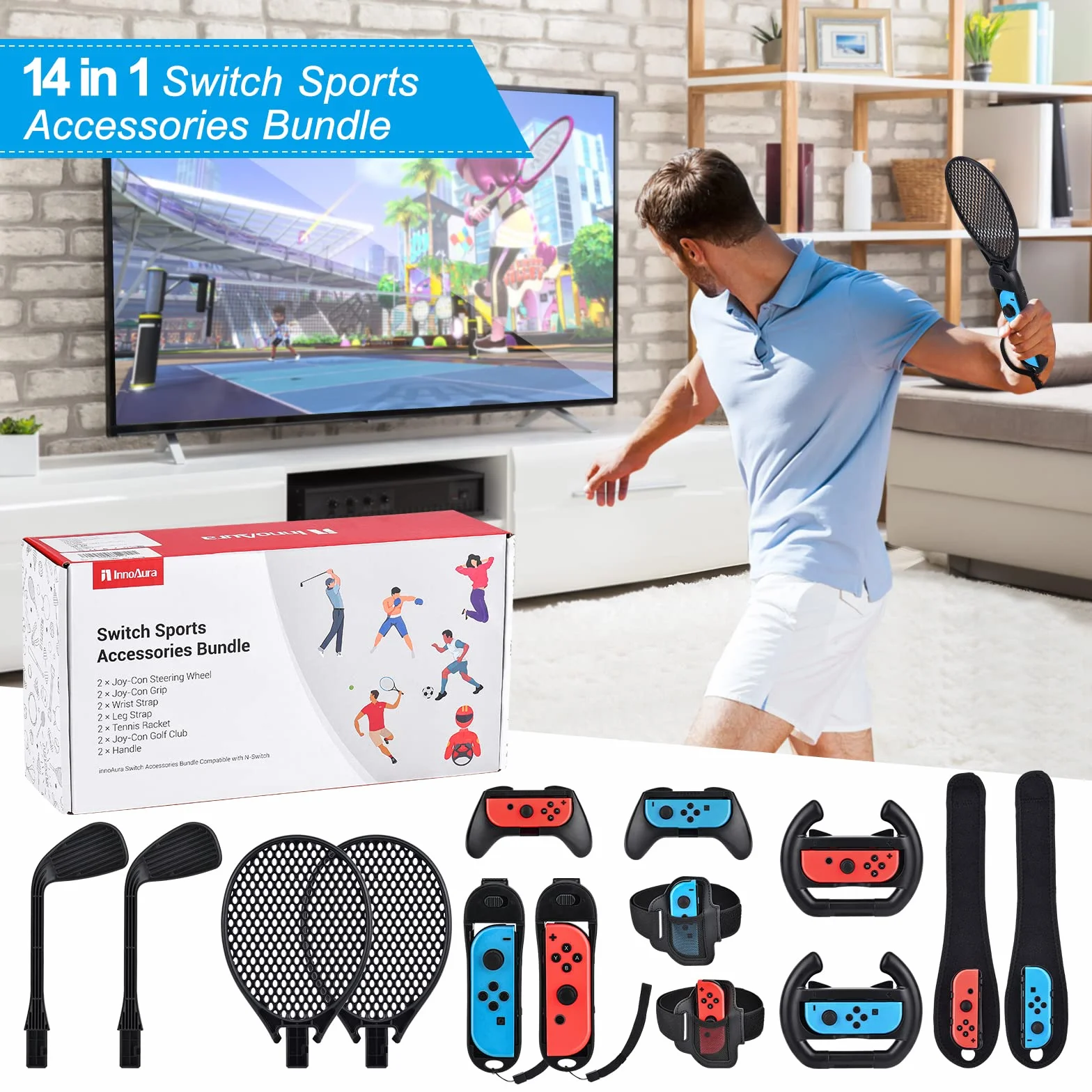 Zestaw akcesoriów sportowych 14 w 1, zestaw innoAura Switch Sports z kierownicą Switch, uchwytem Switch J-Con, rakietą tenisową, paskiem na nogę kompatybilnym z przełącznikiem/Switch OLED