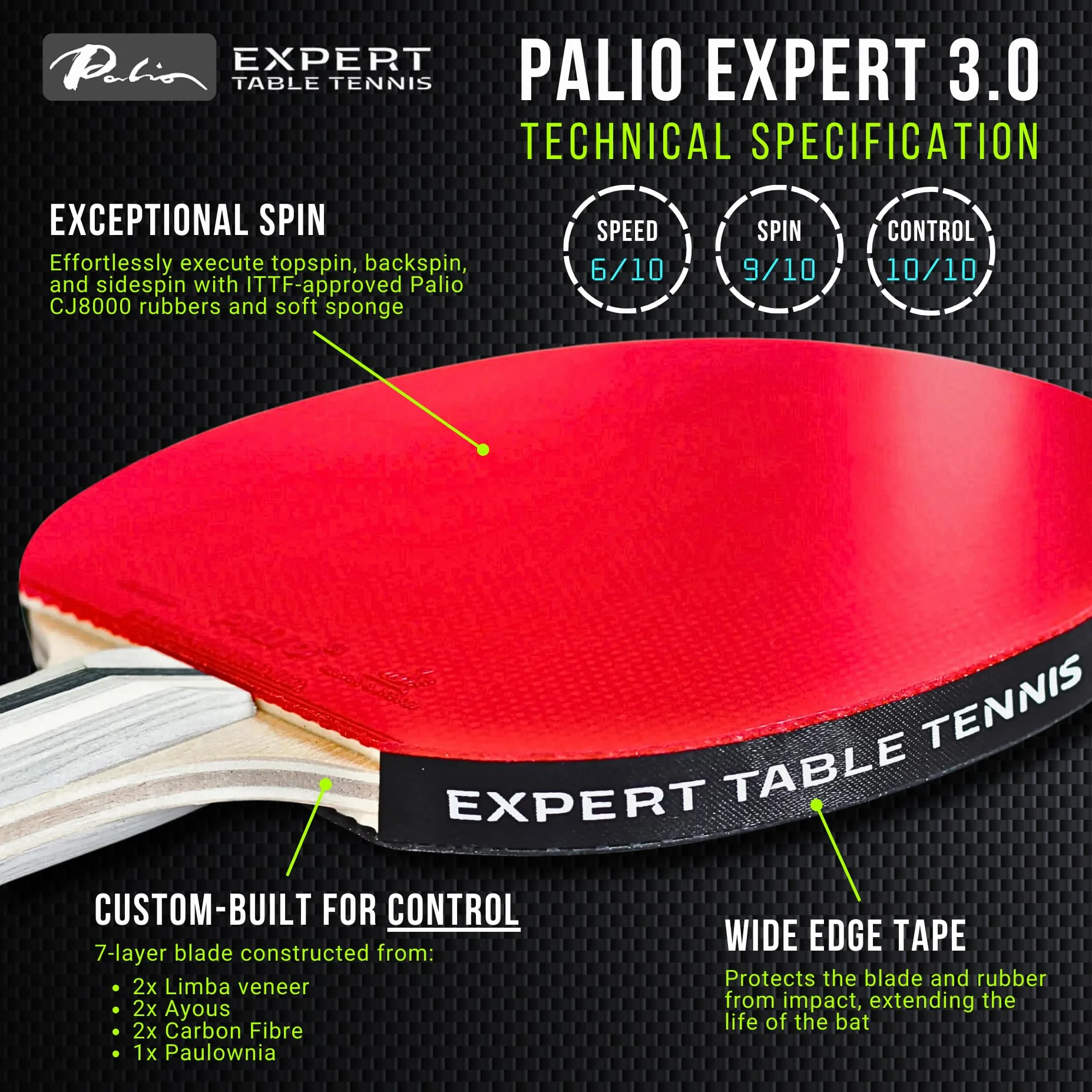 Palio Expert 3.0 kij do tenisa stołowego i etui | Zatwierdzone przez ITTF wysokowydajne rakiety do pingponga dla początkujących | Maksymalny obrót i kontrola