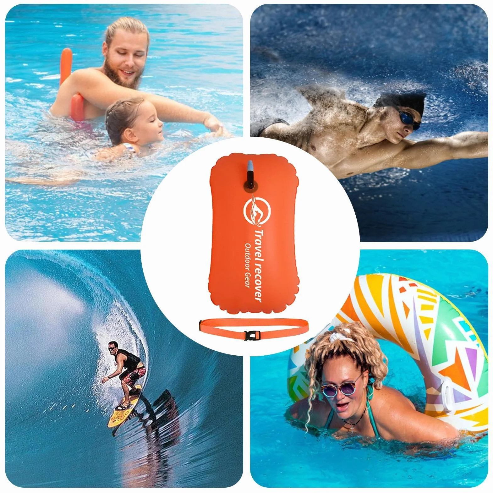 Swimming Buoy Safety Floating Drybag 18.9x12.4 inches Adjustable Waist Belt Orange/Pink