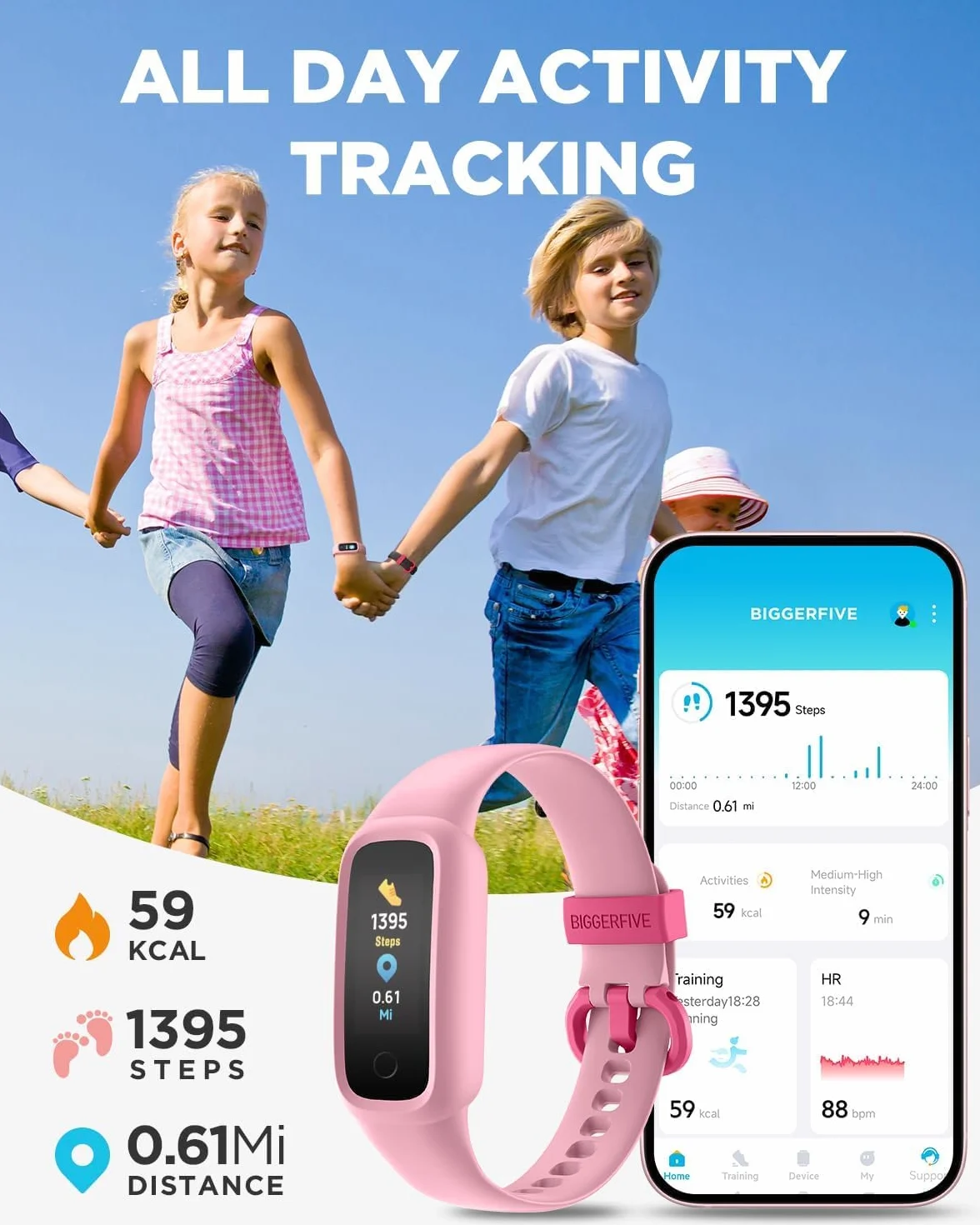 BIGGERFIVE Vigor 2 Zegarek Fitness dla Dzieci, Monitor Aktywności, Tętno i Sen, Wodoodporny IP68, Krokomierz, Różowy