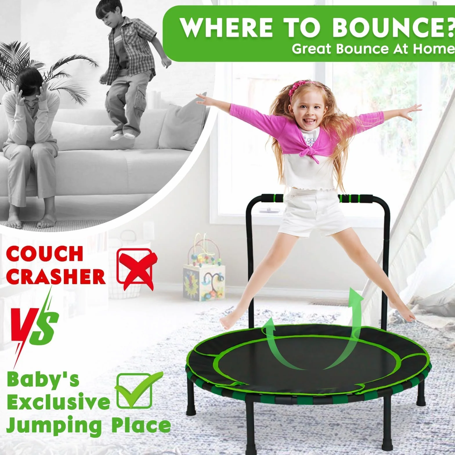 Mini trampolina o średnicy 91 cm, ze składanym uchwytem i wyściełaną osłoną, składana trampolina dla dzieci powyżej 3 lat, do użytku wewnątrz i na zewnątrz, prezent