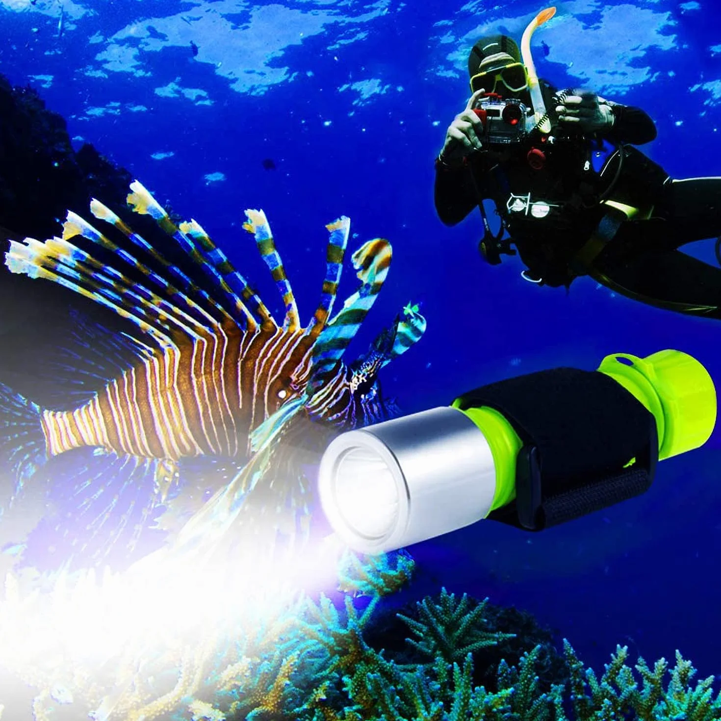 BlueFire Latarka do nurkowania, 1200 lm, XM-L2 LED, profesjonalna, jasna, wodoszczelna, podwodna lampa z paskiem na rękę