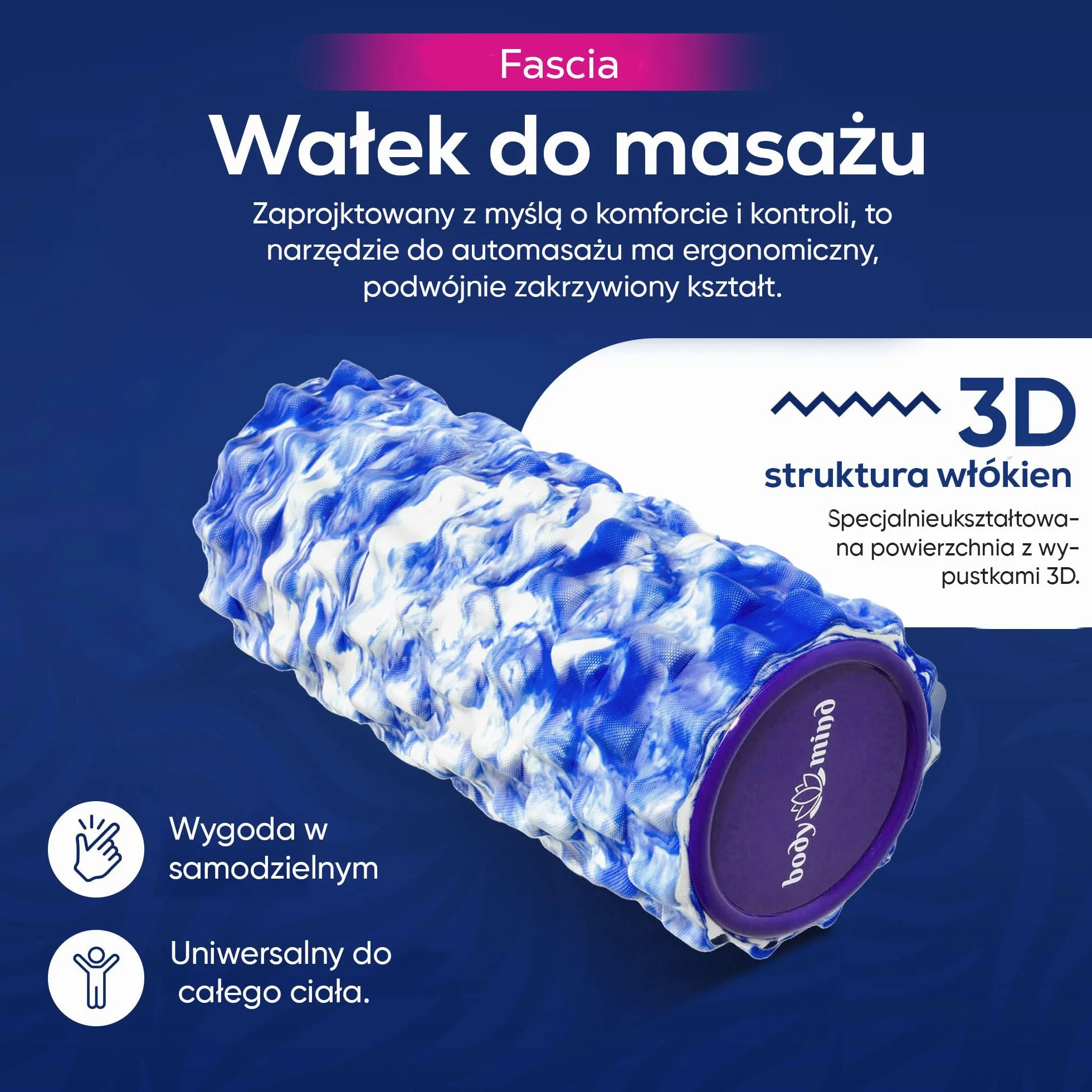 Body & Mind® rolka powięziowa, rolka masująca, rolka fitness, rolka sportowa, rolka terapeutyczna; Trening powięzi górnej części ciała, pleców i wszystkich innych grup mięśni; 33x14,5cm