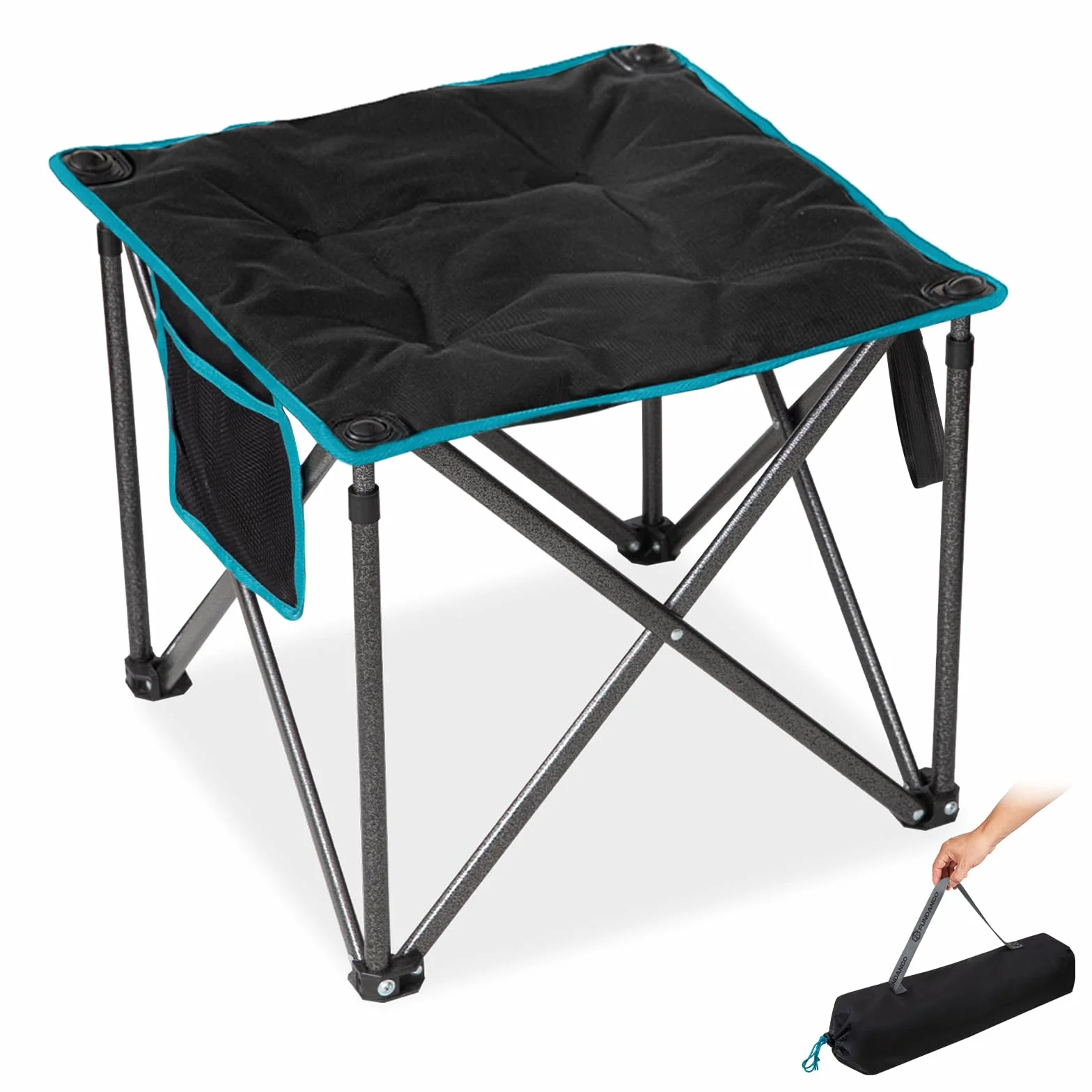 FUNDANGO Oversized składany taboret kempingowy, 46 cm, 180 kg, podnóżek z torbą do przenoszenia, składany taboret na kemping, wędrówki, wędkowanie, czarny