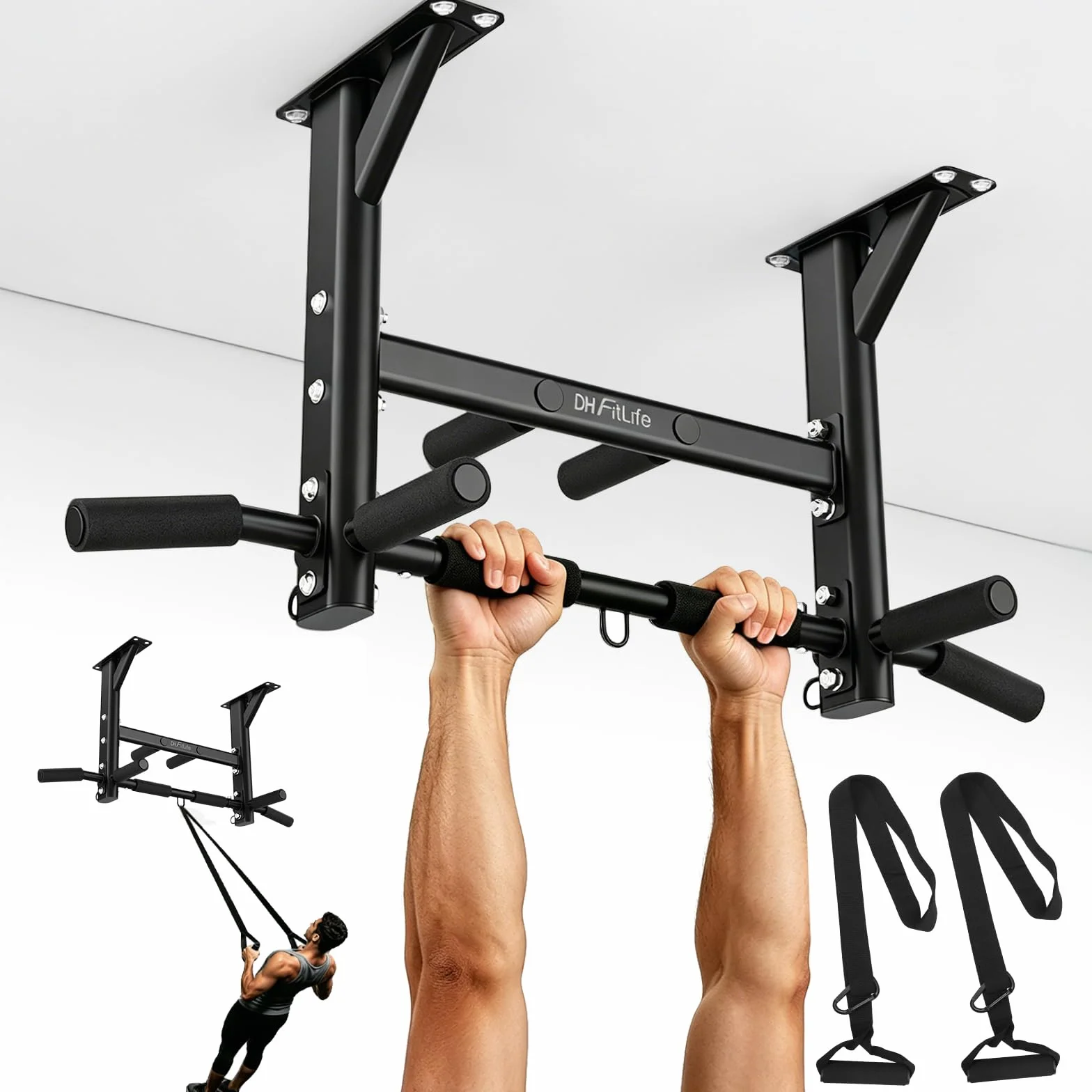 DH FitLife Drążek Sufitowy do Podciągania 4 w 1 do 300 kg | 8 Antypoślizgowych Uchwytów | 3 Punkty Mocowania | Stabilny i Bezpieczny