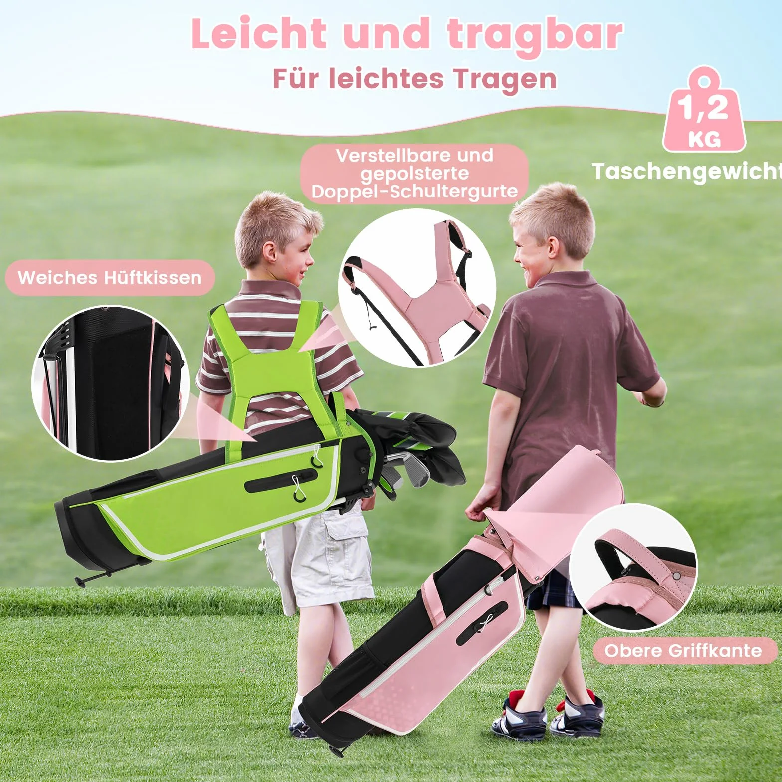 COSTWAY 6-częściowy zestaw kijów golfowych dla dzieci, zestaw kijów golfowych z torbą golfową i osłoną przeciwdeszczową, kompletny zestaw golfowy z żelazkiem 7/9/S, 1 Driver, 4 Hybrid i putter dla