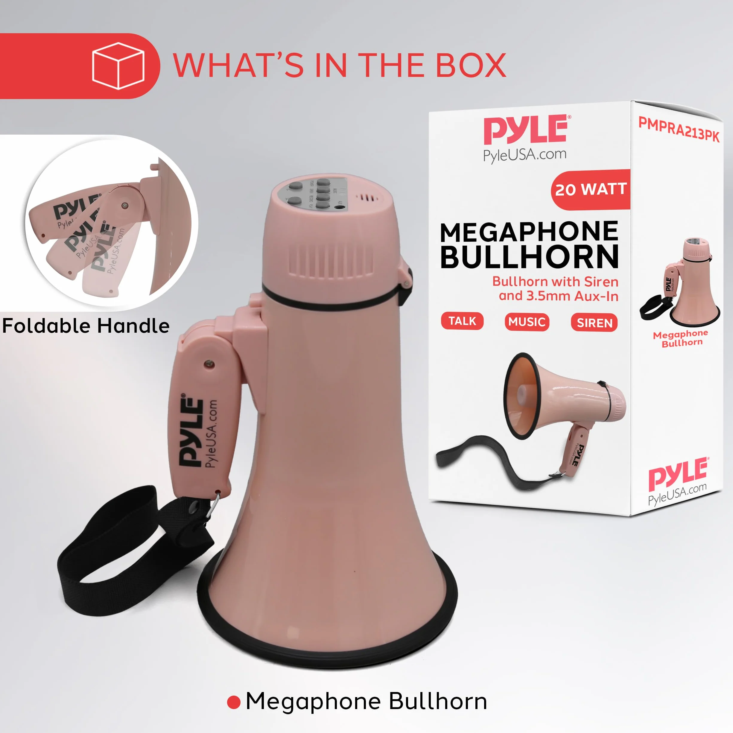 Pyle 20W Megaphone Bullhorn - Portable, Automatic Siren & Adjustable Volume,Projection Range Up to 400 Square Yards, Aux Input, Talk, Siren, Music, Whistle, & Record, Shoulder Strap (Pink)