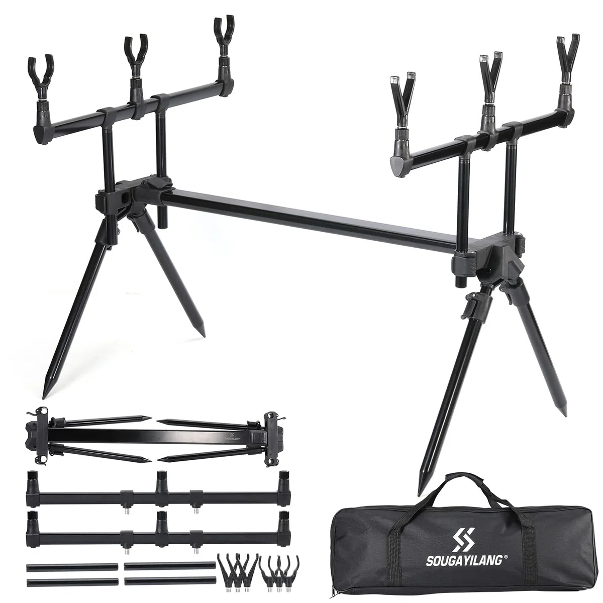 Sougayilang Rod Pod 3-częściowy zestaw do wędkowania karpiowego – regulacja wysokości i długości, z torbą do przenoszenia oraz 6 głowicami + 5 m uzupełnieniem siatki PVA – nadaje się do łowienia karpi