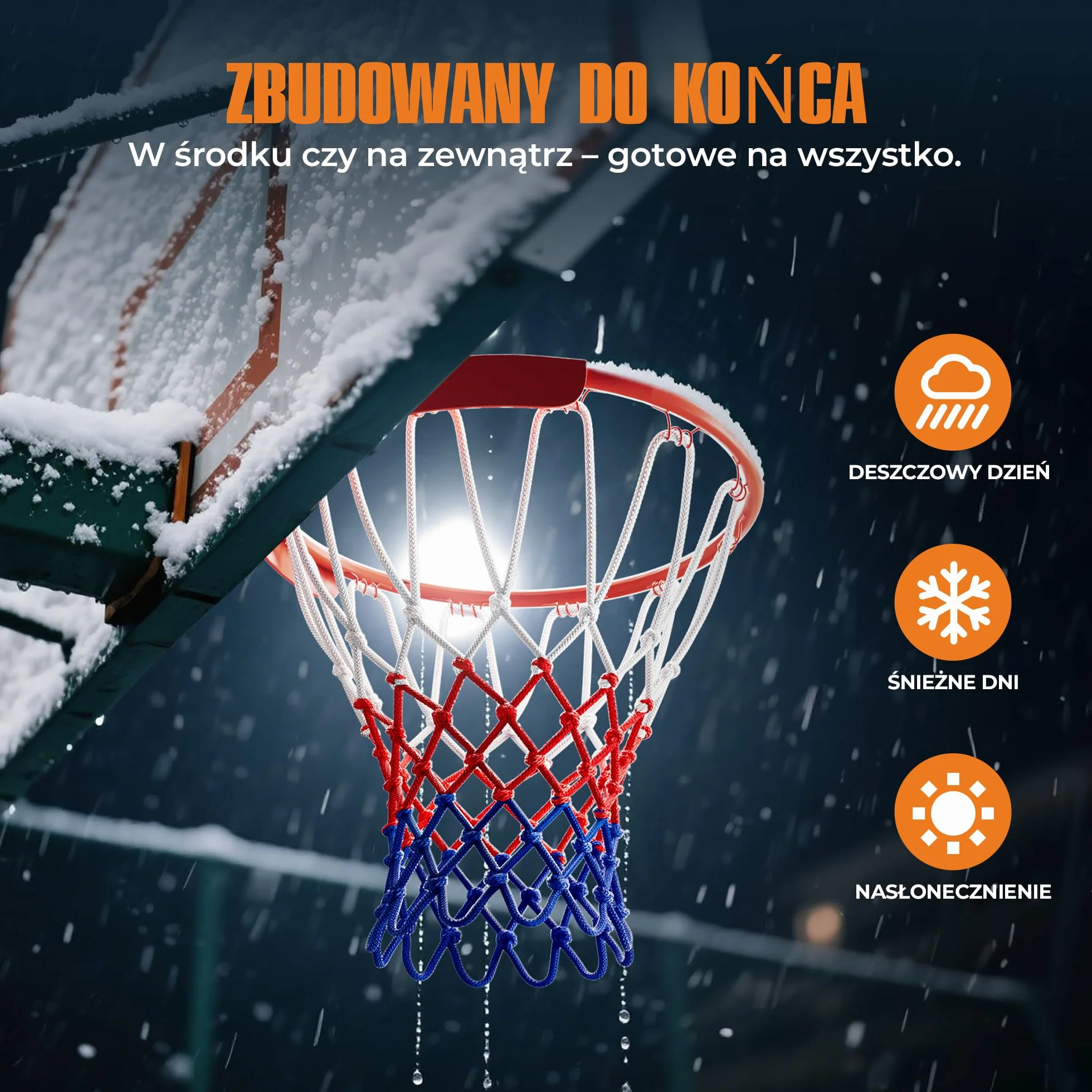 2x Siatka do Koszykówki 150g – Wytrzymała Siatka Zapasowa na Kosz – Na Zewnątrz, Odporna na Warunki Atmosferyczne, 12 Pętli – Biała, Czerwona i Niebieska