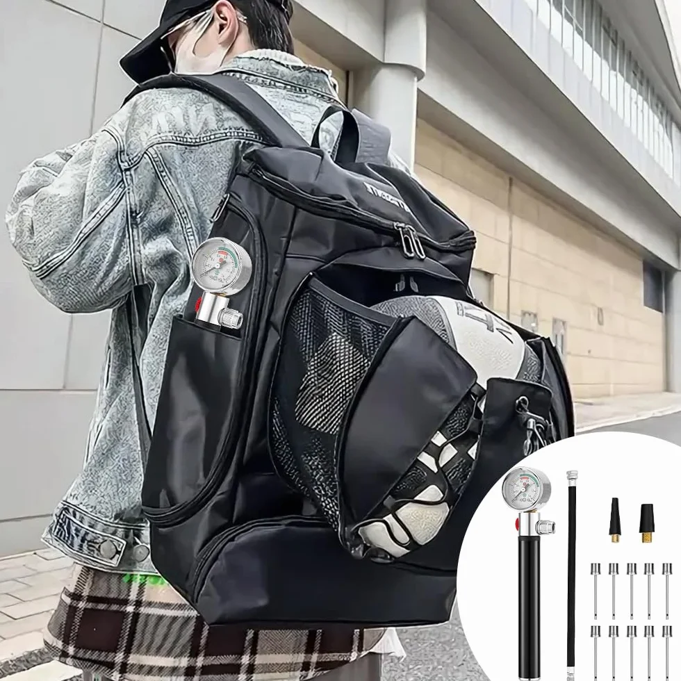 Mineup Pompka do piłek z manometrem, mini pompka powietrza z 10 igłami do piłek, 2 dysze i 1 wąż, przenośna pompka do piłki nożnej, koszykówki, siatkówki, rugby