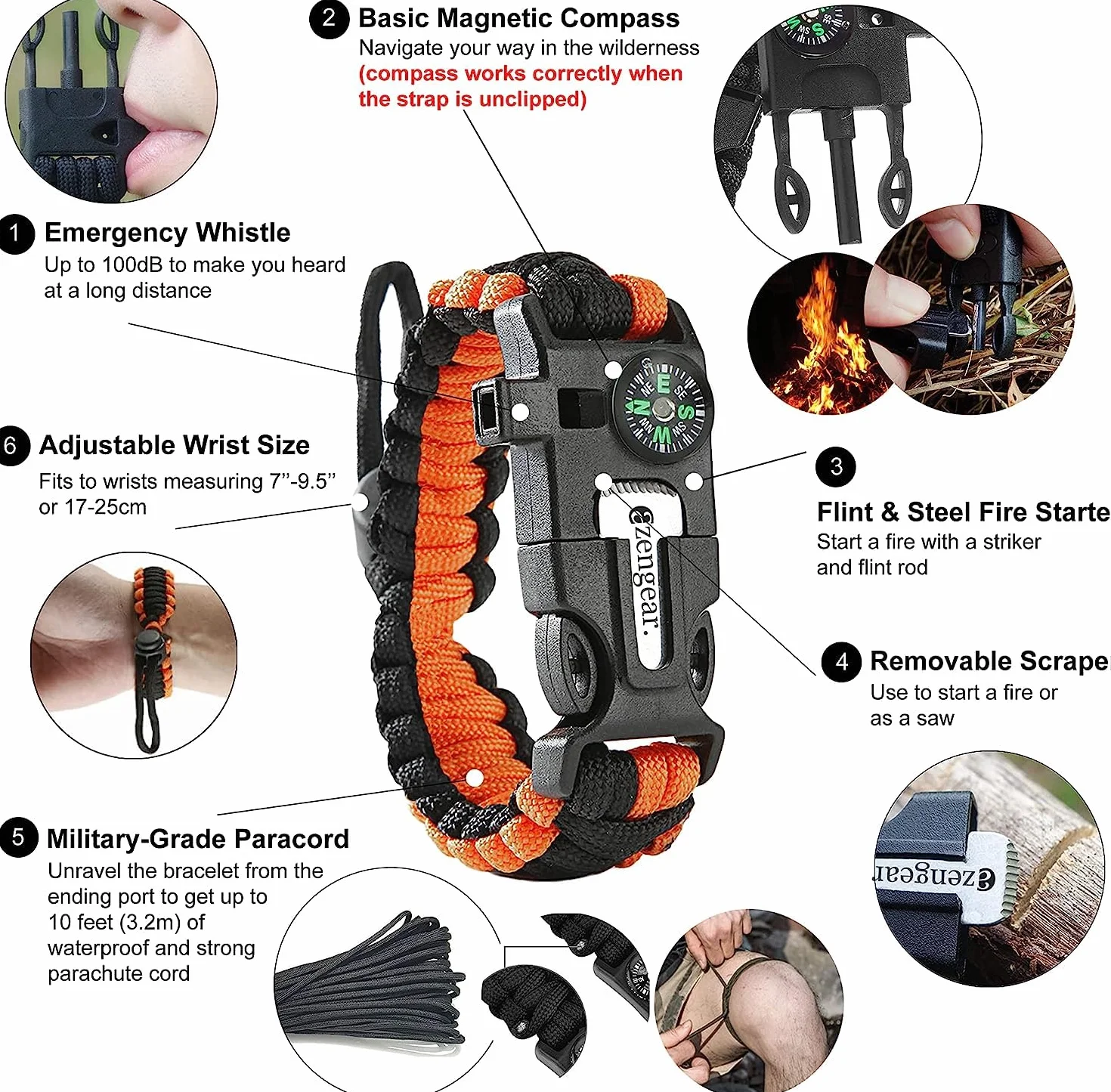 Bransoletka survivalowa NICAI Kitchen z paracordu, regulowana bransoletka 550 Paracord, kompas, sprzęt na wędrówki, zapalniczka, gwizdek awaryjny, taktyczne wyposażenie do przetrwania, sprzęt na