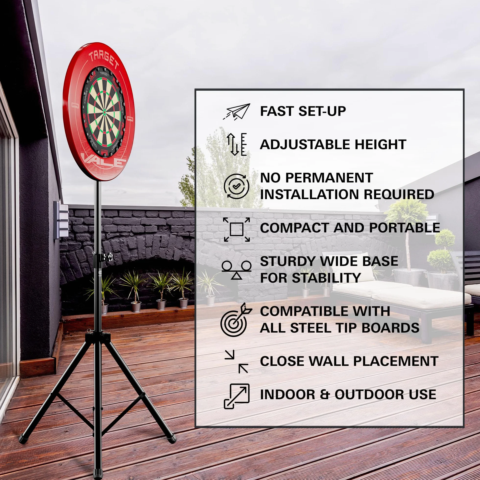 TARGET DARTS Portable Dartboard Stand | Mobilne stojaki na rzutki na trójnogu, system wolnostojący z mocowaniem do tablicy, do wnętrz i na zewnątrz, składany stojak podróżny do rzutek stalowych