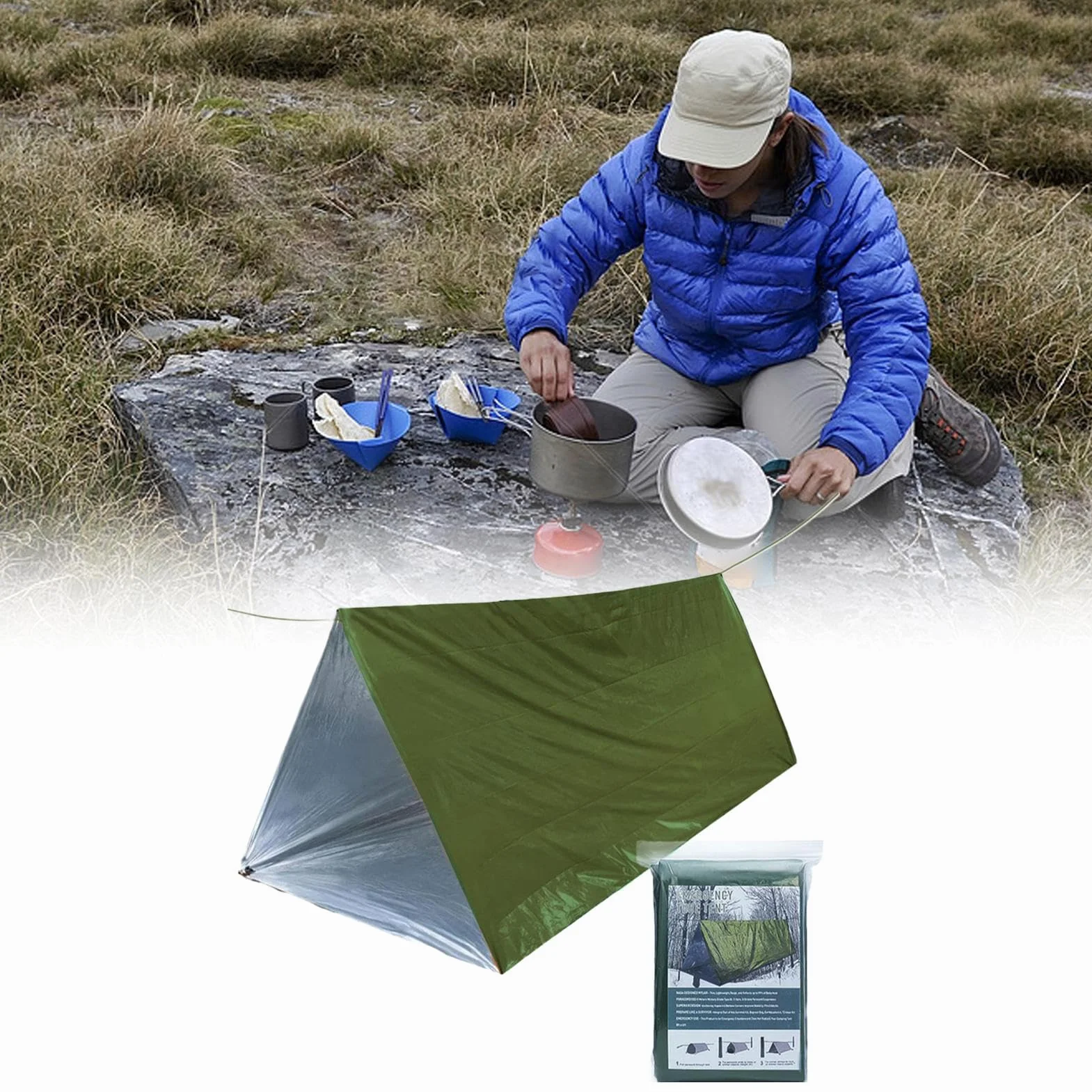 Survival Tent, Camping Tent Kit Lightweight, 4.72x7.87 Inches, Windproof Waterproof Shelter, Thermal Sack Blanket for Outdoor Adventures and Preparedness, Multicolor