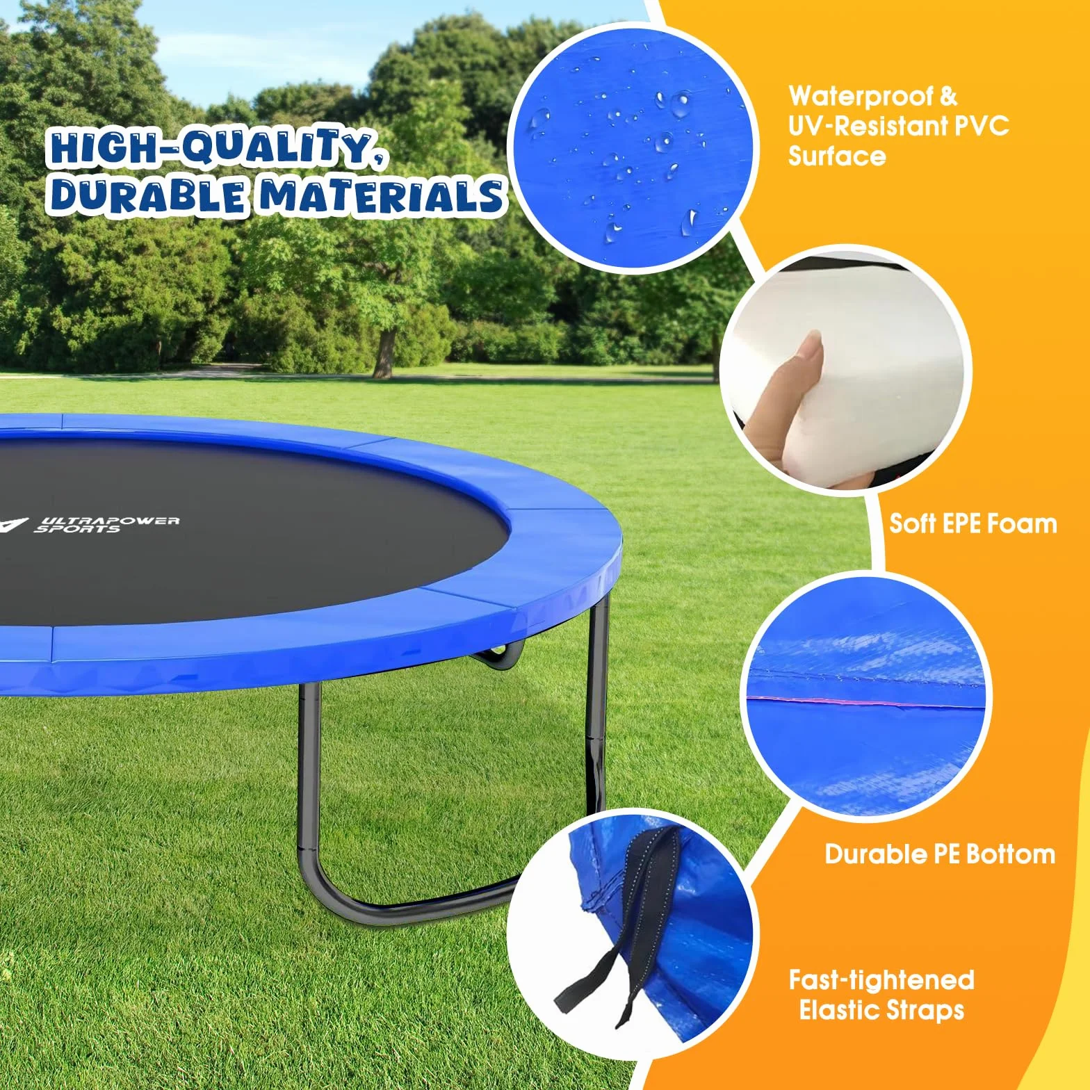 Osłona sprężyn, osłona krawędzi trampoliny 244 cm, 300 do 305 cm, 360 do 366 cm, 395 do 400 cm, 425 do 430 cm, z 6/8 drążkami, niebieska, PCW, odporna na promieniowanie UV