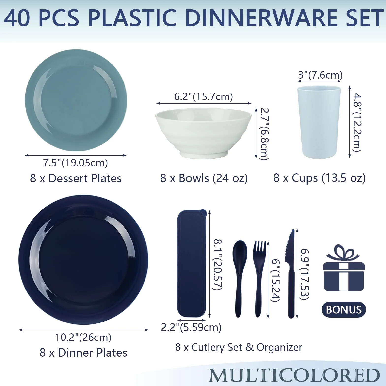 BEWOS Zestaw naczyń plastikowych 40-elementowy dla 8 osób, talerze kubki miski, bezpieczne w zmywarce i mikrofalówce