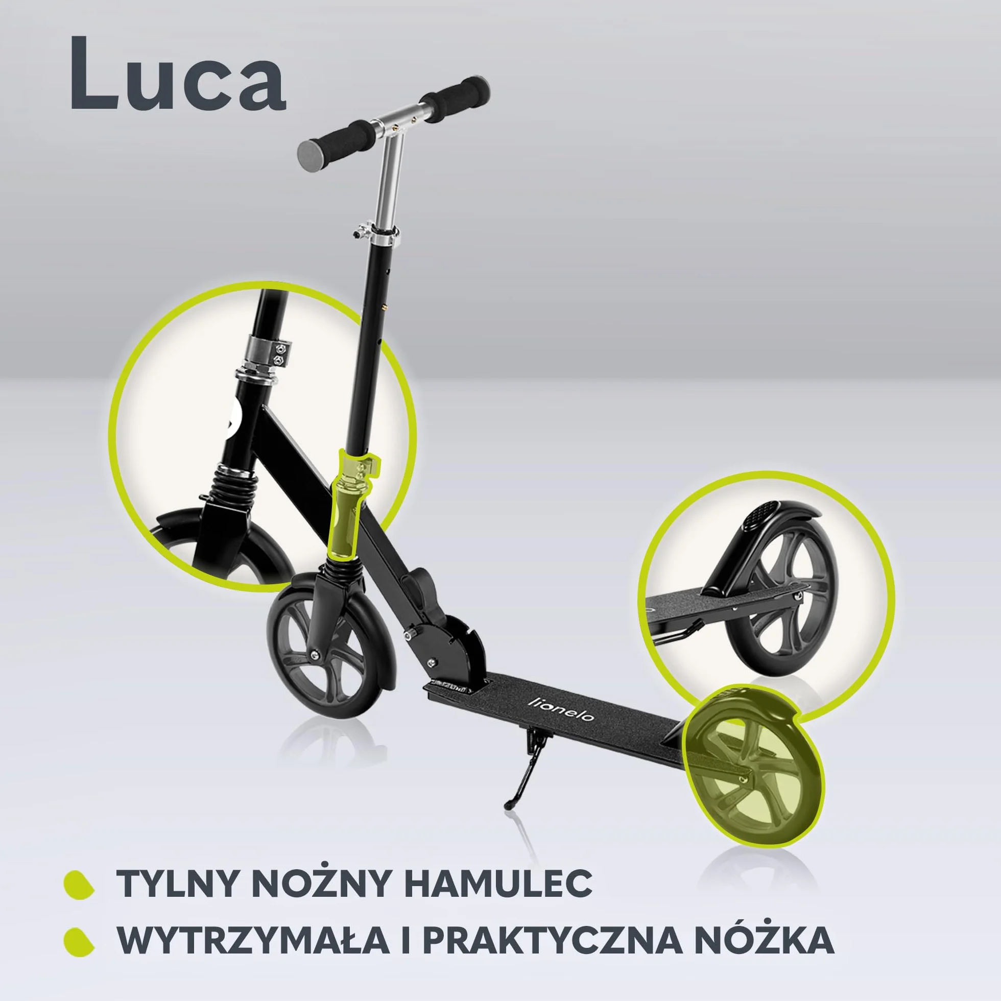 Lionelo Luca hulajnoga do 100 kg, lekka wytrzymała, składana konstrukcja, amortyzator, duże koła, regulowana wysokość kierownicy, antypoślizgowy podest, amortyzacja ShockResist