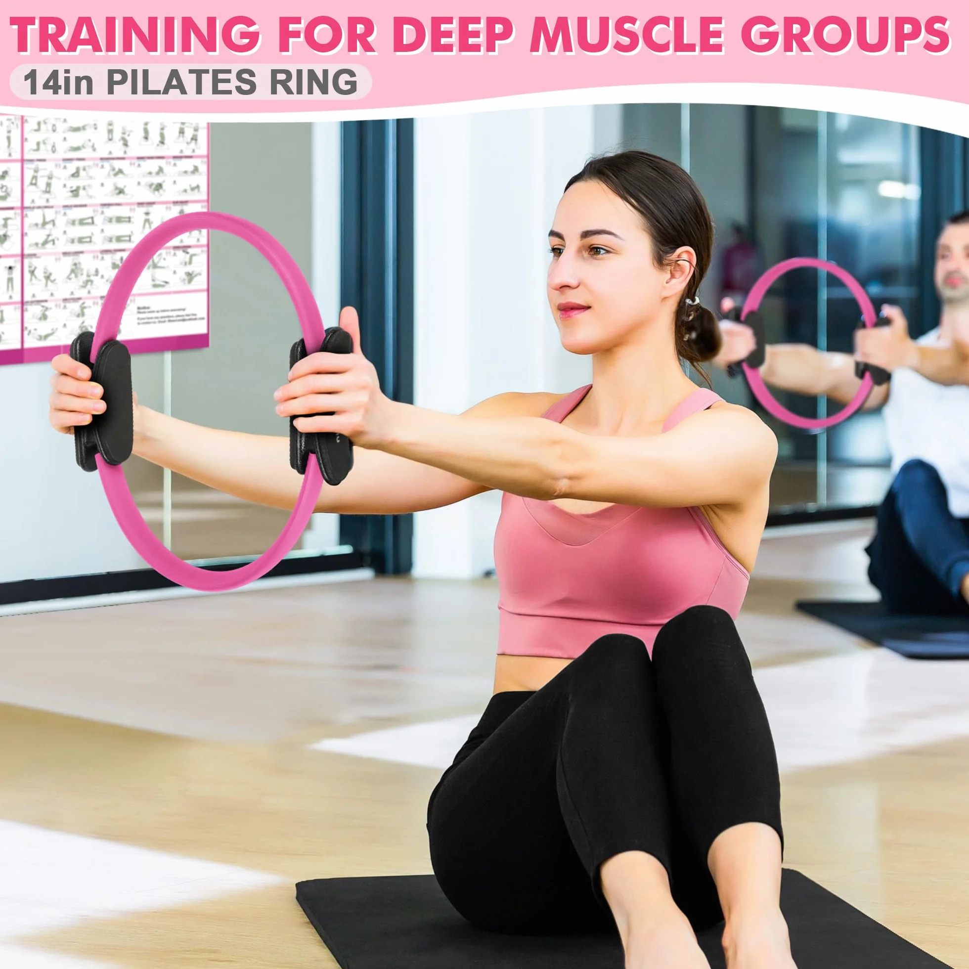 Goocrun Zestaw pierścionków do pilatesu, sprzęt do ćwiczeń z materiałowymi taśmami oporowymi, piłką do pilatesu, płytami ślizgowymi – sprzęt treningowy, do domu, na siłownię, kompletny plakat fitness