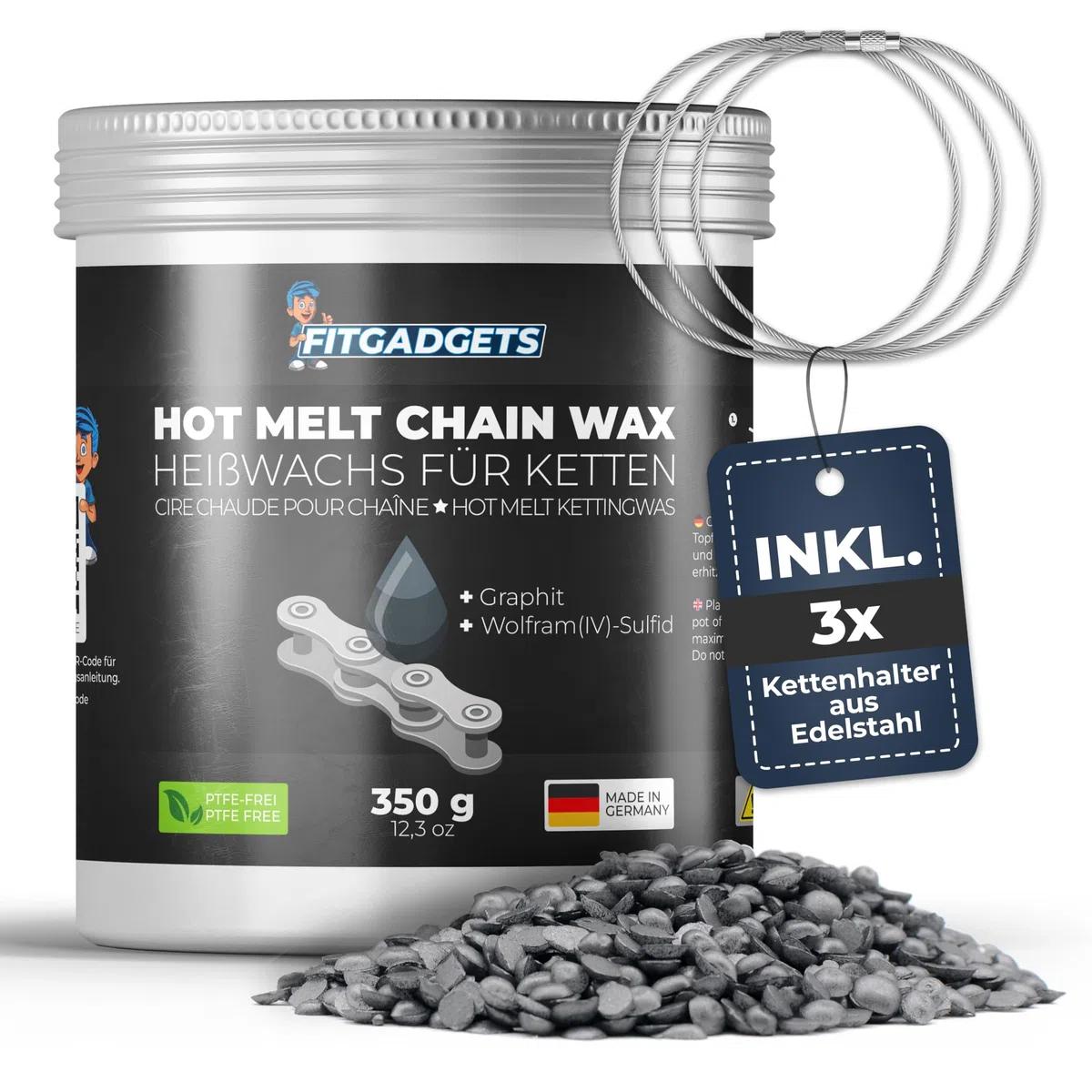 OH3 Fitgadgets Wosk do rozgrzewania łańcucha rowerowego w pudełku z ciepłym woskiem – Z 3 uchwytami na łańcuch – 350 g wosku Hot Melt Chain z grafitem i siarczkie tungstowym – Smar woskowy