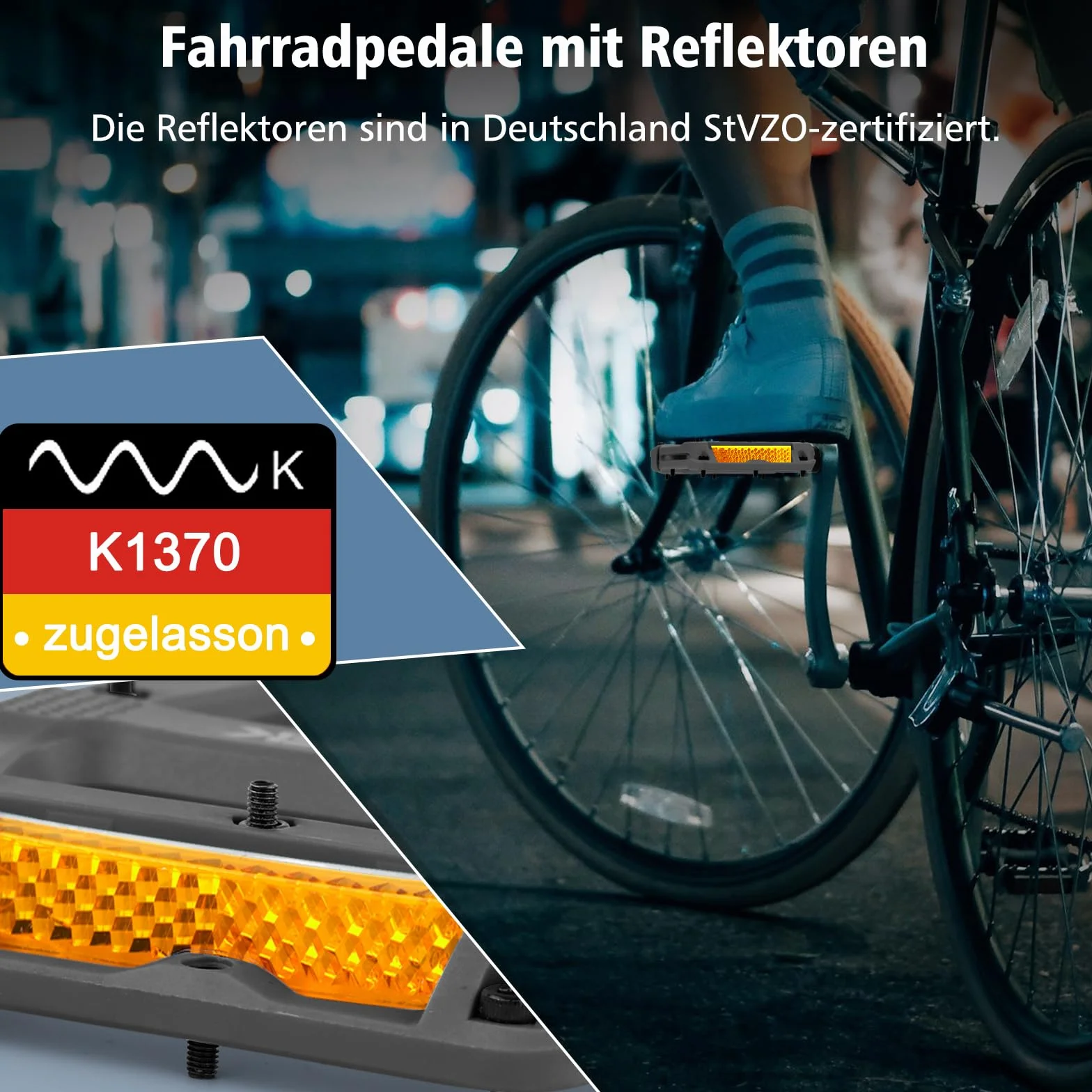 toptrek Pedały rowerowe z reflektorami StVZO, nylonowe, kompozytowe, płaskie, 3 antypoślizgowe pedały do roweru MTB, 9/16", zestaw do rowerów wyścigowych/górskich/trekkingowych/rowerów elektrycznych