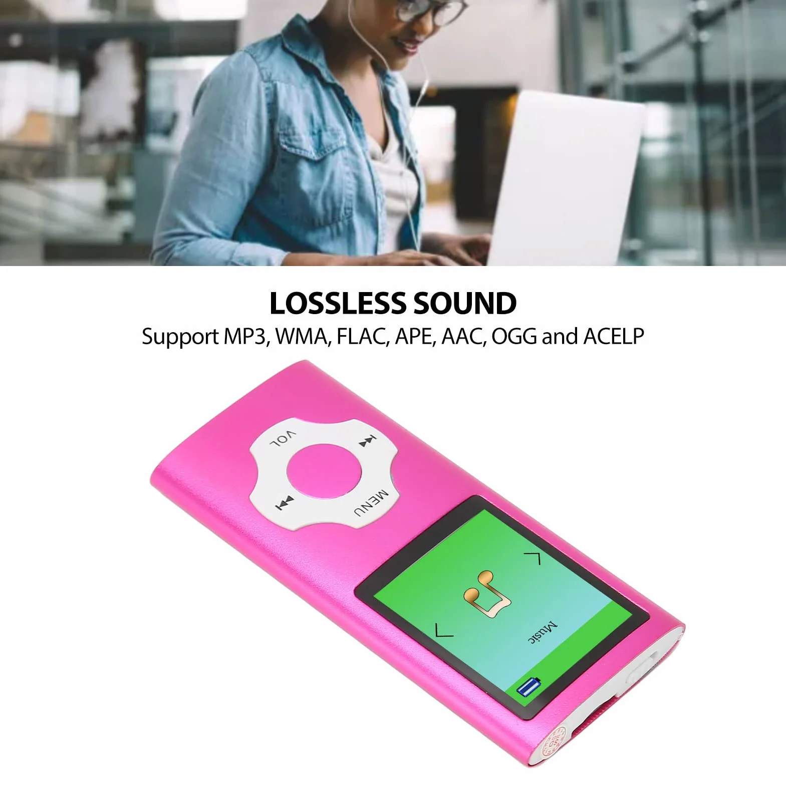 Odtwarzacz MP3 Przenośny Odtwarzacz Muzyczny, 1,8-calowy Ekran LCD Cyfrowy Odtwarzacz Audio Wsparcie Nagrywanie Radio FM Elektryczna Książka Przeglądanie zdjęć, Mini Odtwarzacz (Różowy)