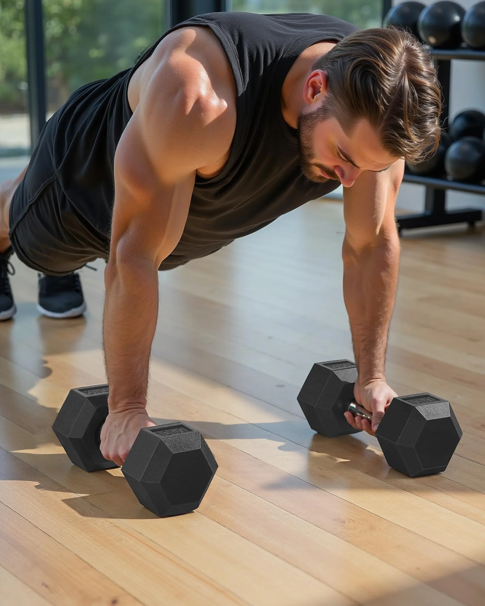 SONGMICS 2 x 5 kg 2 x 10 kg zestaw hantli sześciokątnych do treningu fitness, podnoszenia ciężarów w domu, na siłownię, czarny atrament