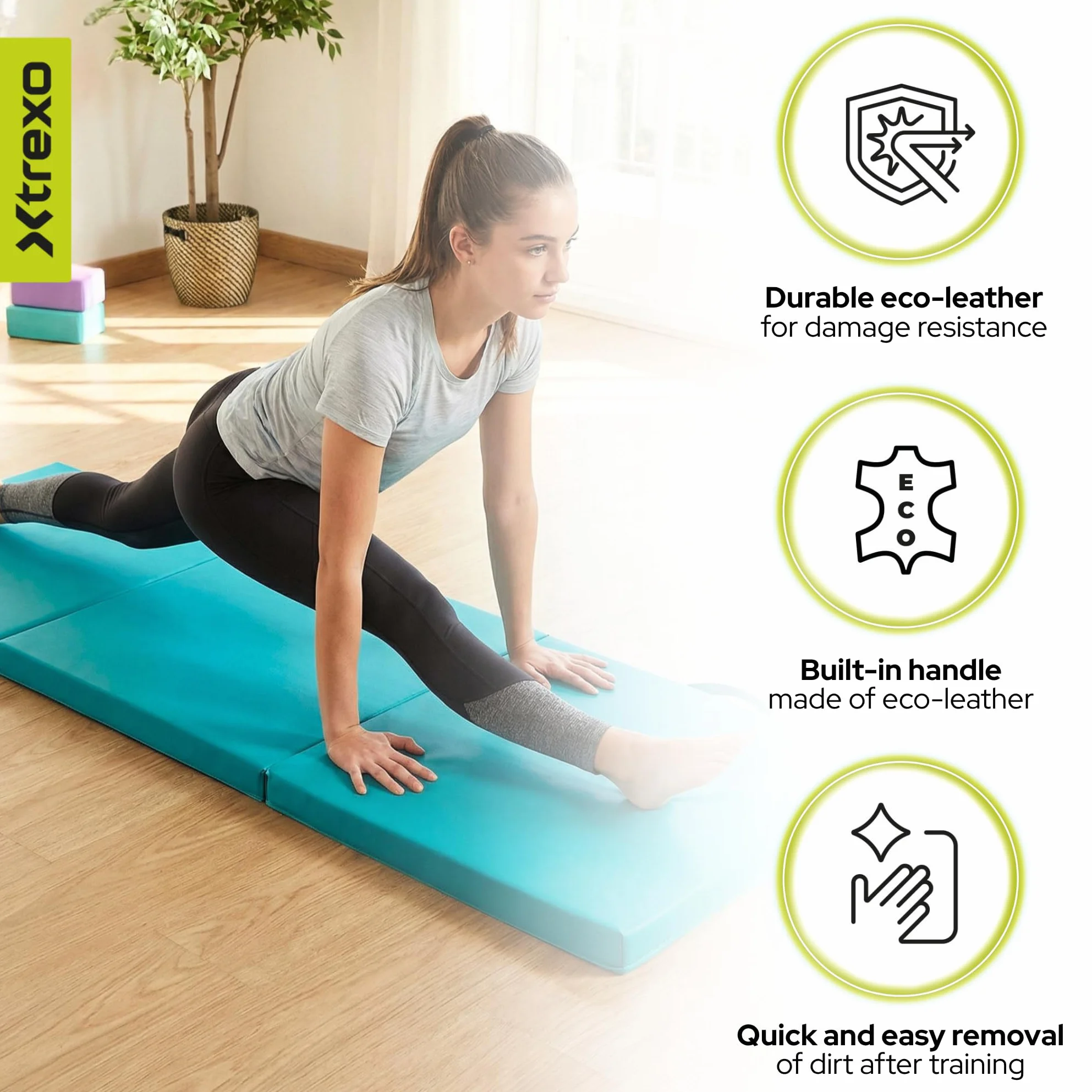 TREXO Składana mata gimnastyczna 180 x 60 x 5 cm – mata gimnastyczna ze sztucznej skóry z 3 segmentami – tapicerka o grubości 5 cm – do fitnessu, szkoły i treningu domowego