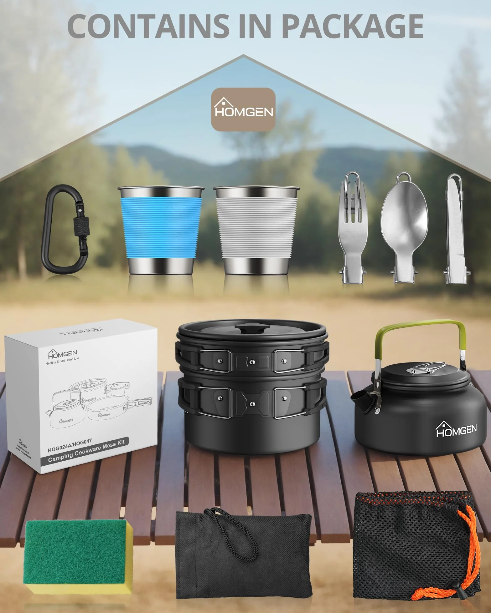 HOMGEN Camping zestaw garnków i patelni kempingowych, zestaw aluminiowych naczyń do gotowania, przenośny zestaw naczyń do gotowania, lekkie wyposażenie kempingowe dla 2-3 osób, na kemping, piknik