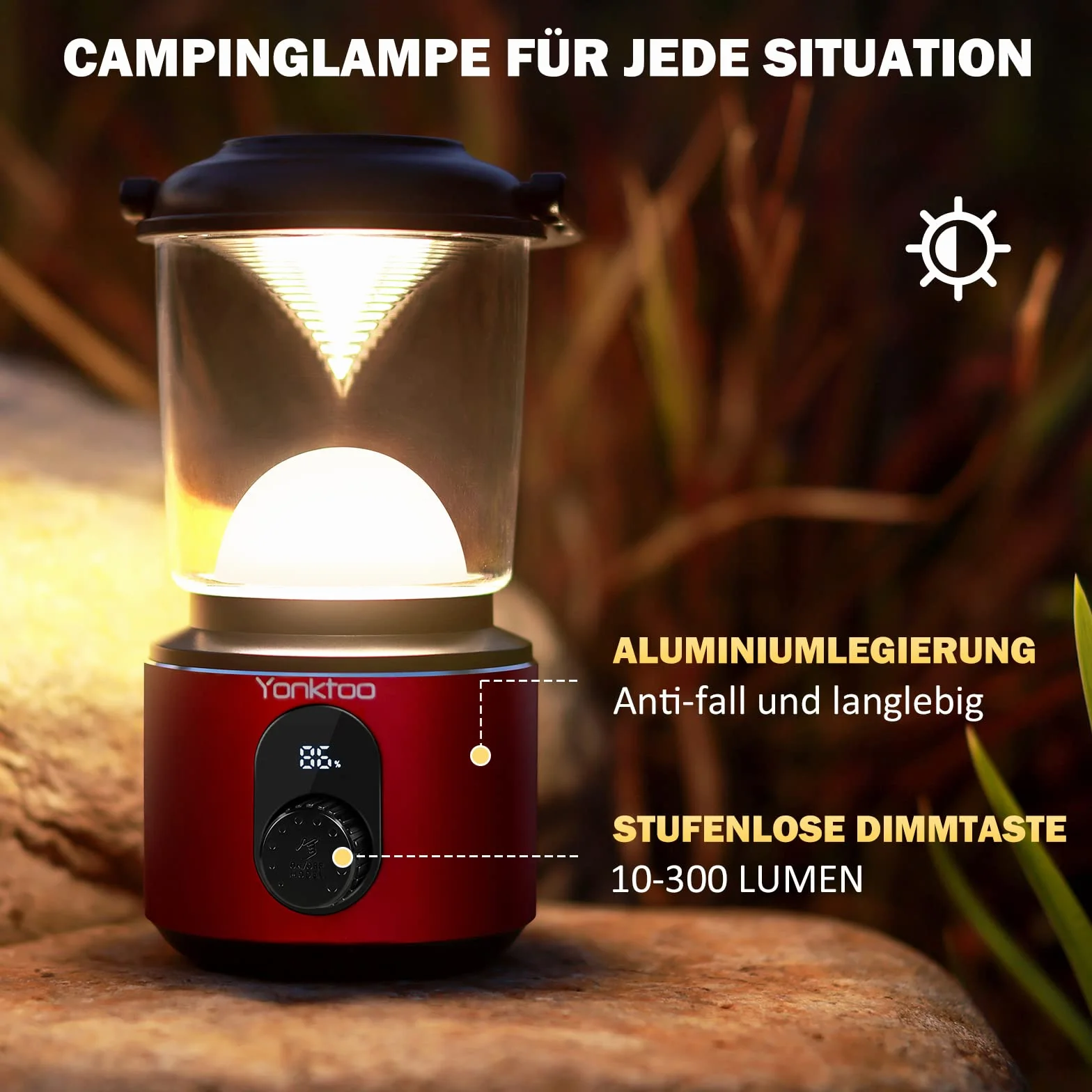 Yonktoo Oświetlenie kempingowe, 10400 mAh, latarnia kempingowa, USB-C z ekranem LED, lampa kempingowa działa 350 godzin, 5 trybów świecenia, wodoodporne światła namiotowe do wędkowania, wędrówek