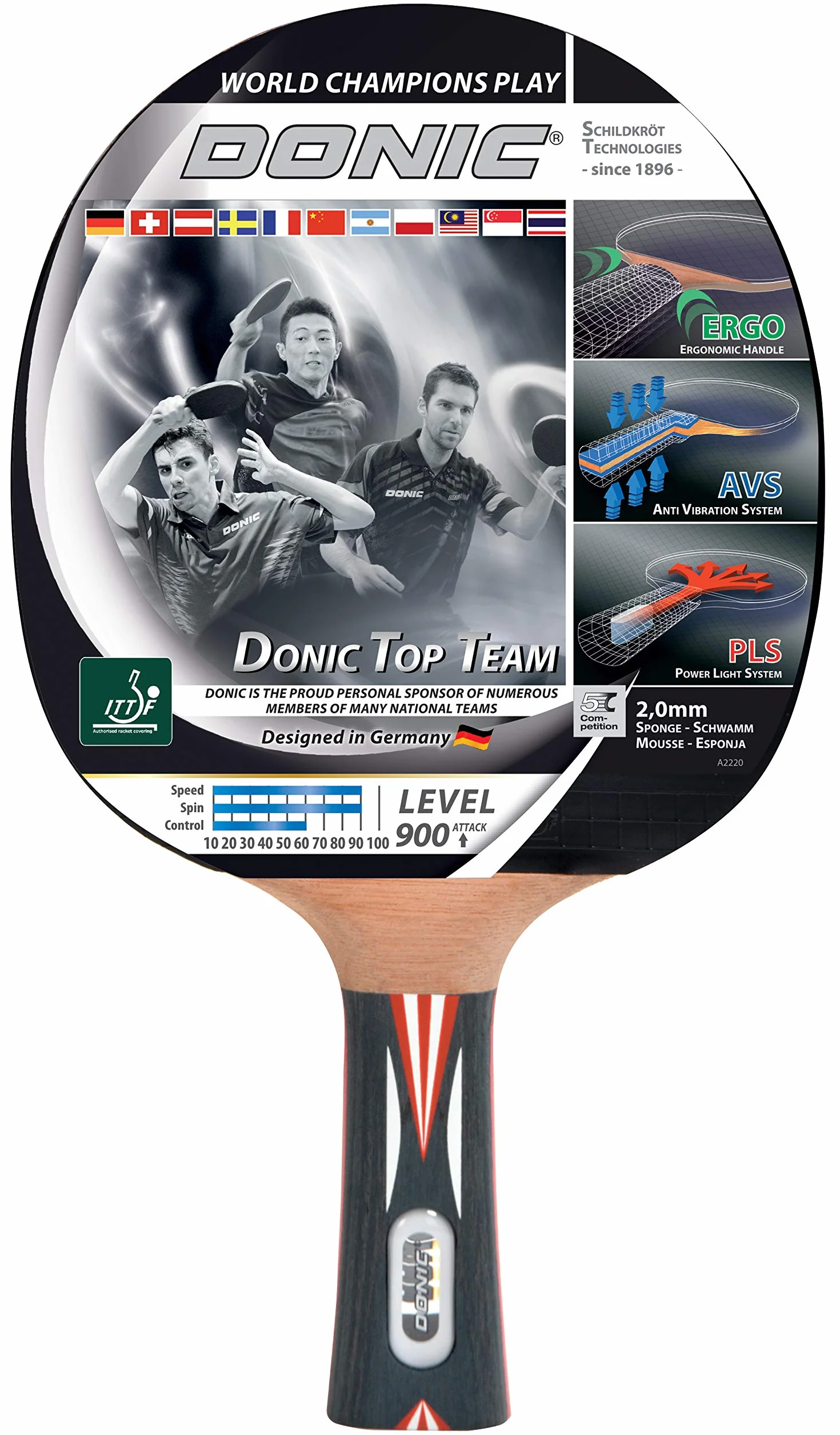 Donic-Schildkröt Top Team 900 rakieta do tenisa stołowego uchwyt AVS PLS gąbka 2,0 mm Alpha Slick ITTF Belag