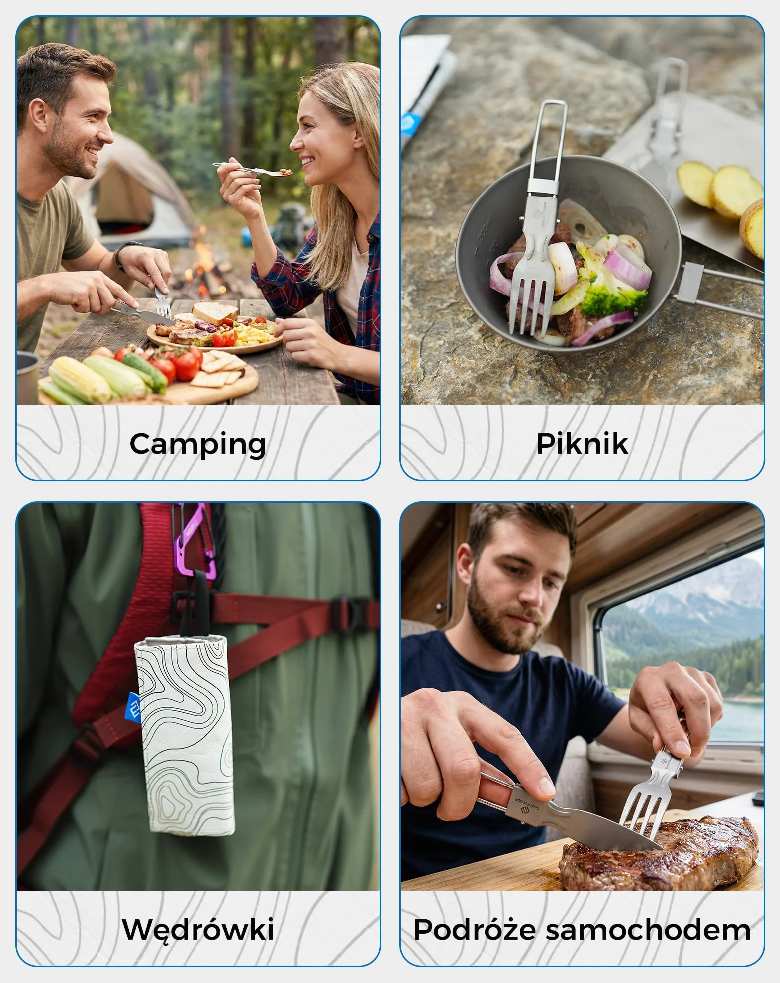 COOK'N'ESCAPE Tytanowe sztućce kempingowe, 3-częściowy zestaw sztućców – składane sztućce z nożem, widelcem, łyżką i torbą do przenoszenia, ultralekkie tytanowe sztućce podróżne do aktywności na