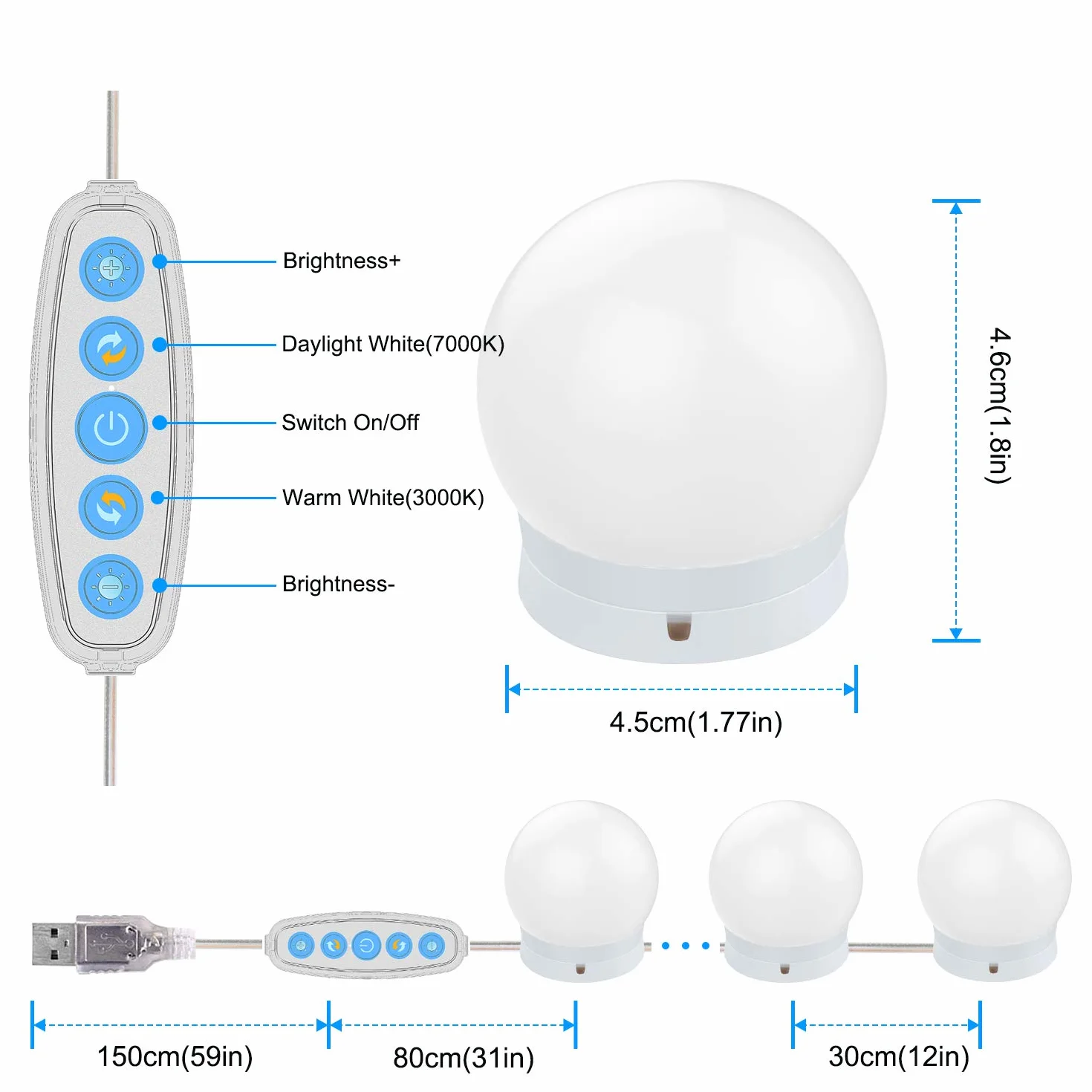 Sylvwin Vanity Mirror Lights z 10 ściemnianymi żarówkami LED, zestaw świateł lustrzanych Hollywood z 5 trybami kolorów i 5 jasnościami