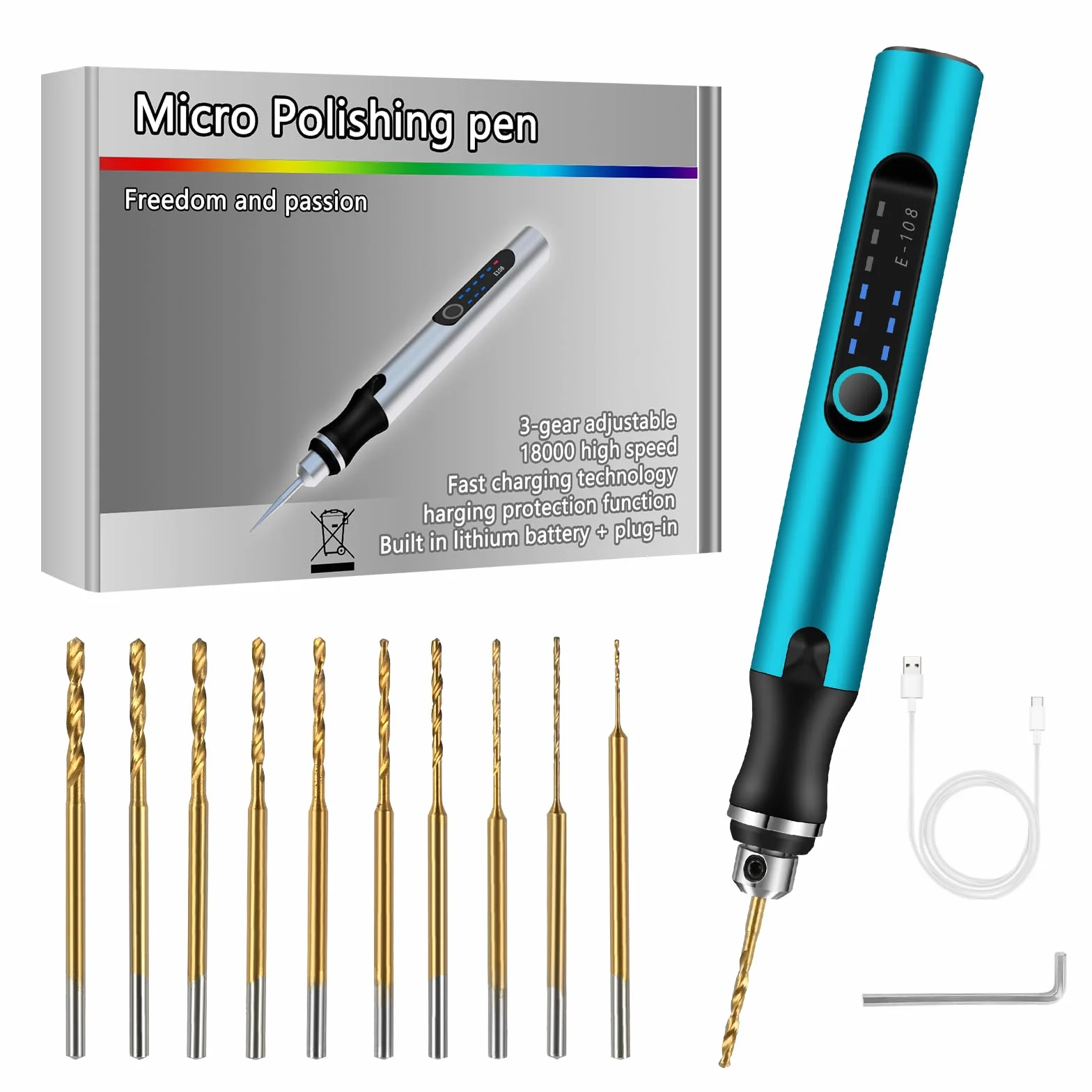 Comius Sharp 3-biegowa mini wiertarka elektryczna bezprzewodowa USB z 10 wiertłami spiralnymi 0,6-2,2 mm do biżuterii