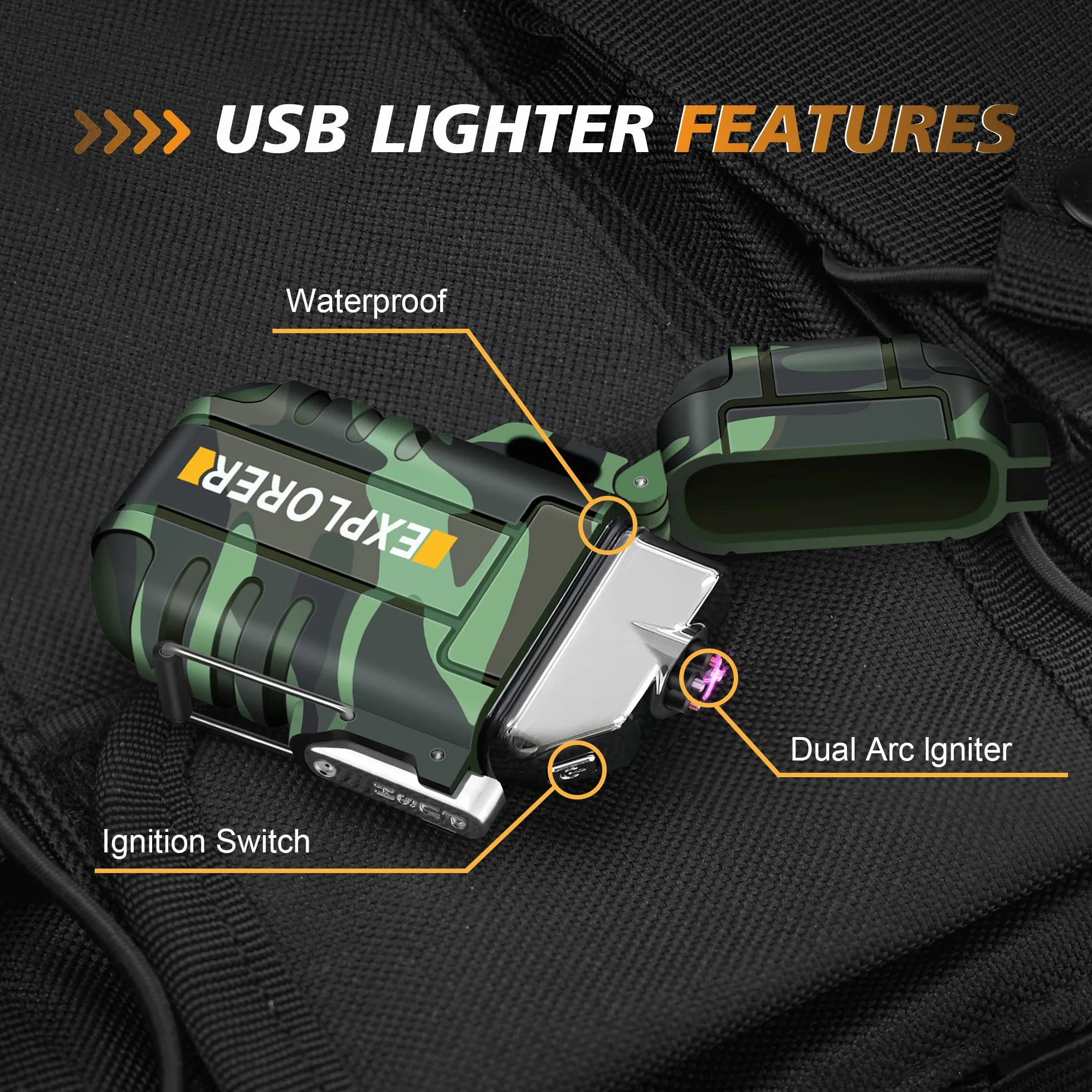 lafagiet Zapalniczka ładowana przez USB wodoodporna z podwójnym łukiem na kemping survival F13-Cmouflage