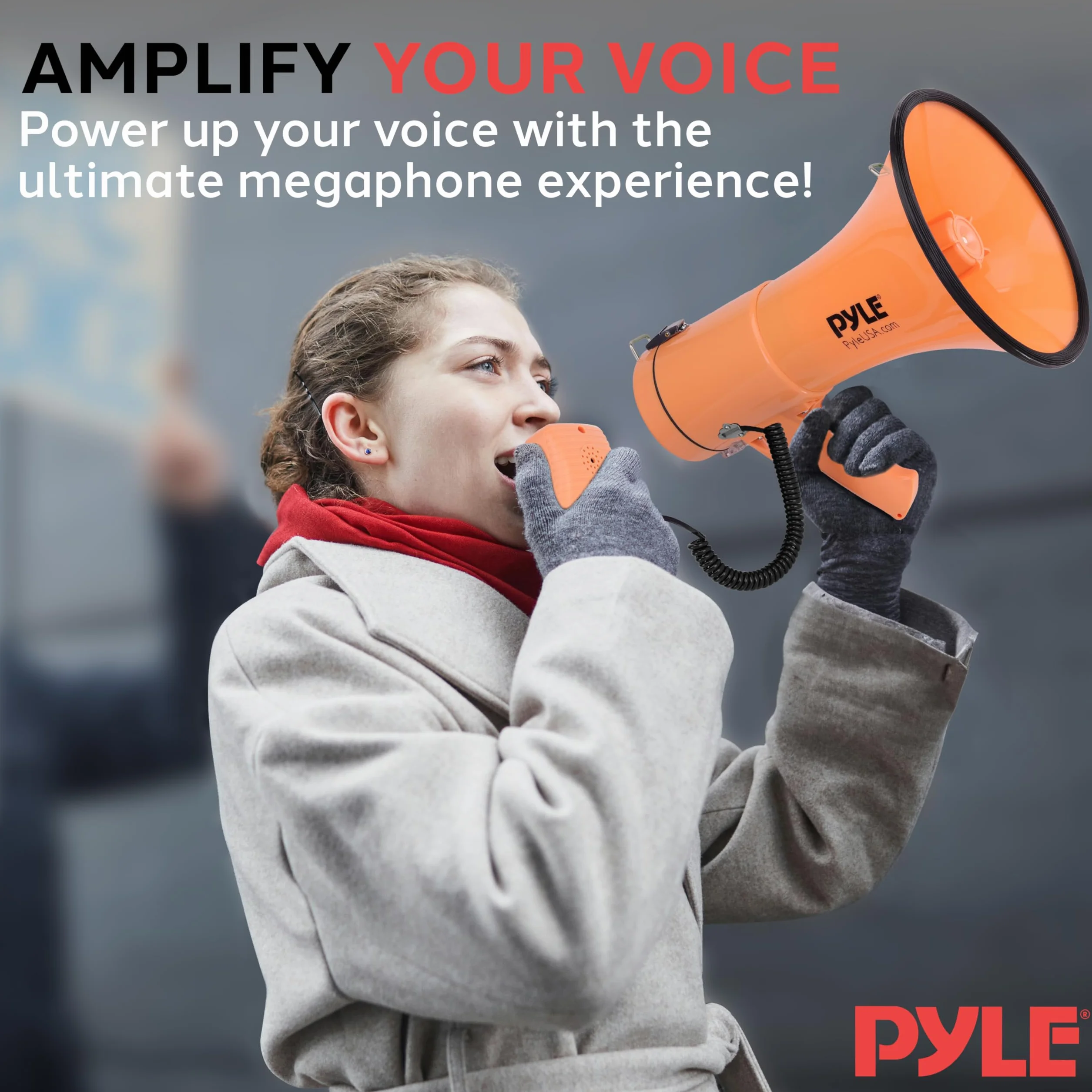 Pyle 50W Megaphone Bullhorn Portable with Siren, Adjustable Volume, 1200 Sq Yd Range, Aux Input, Orange