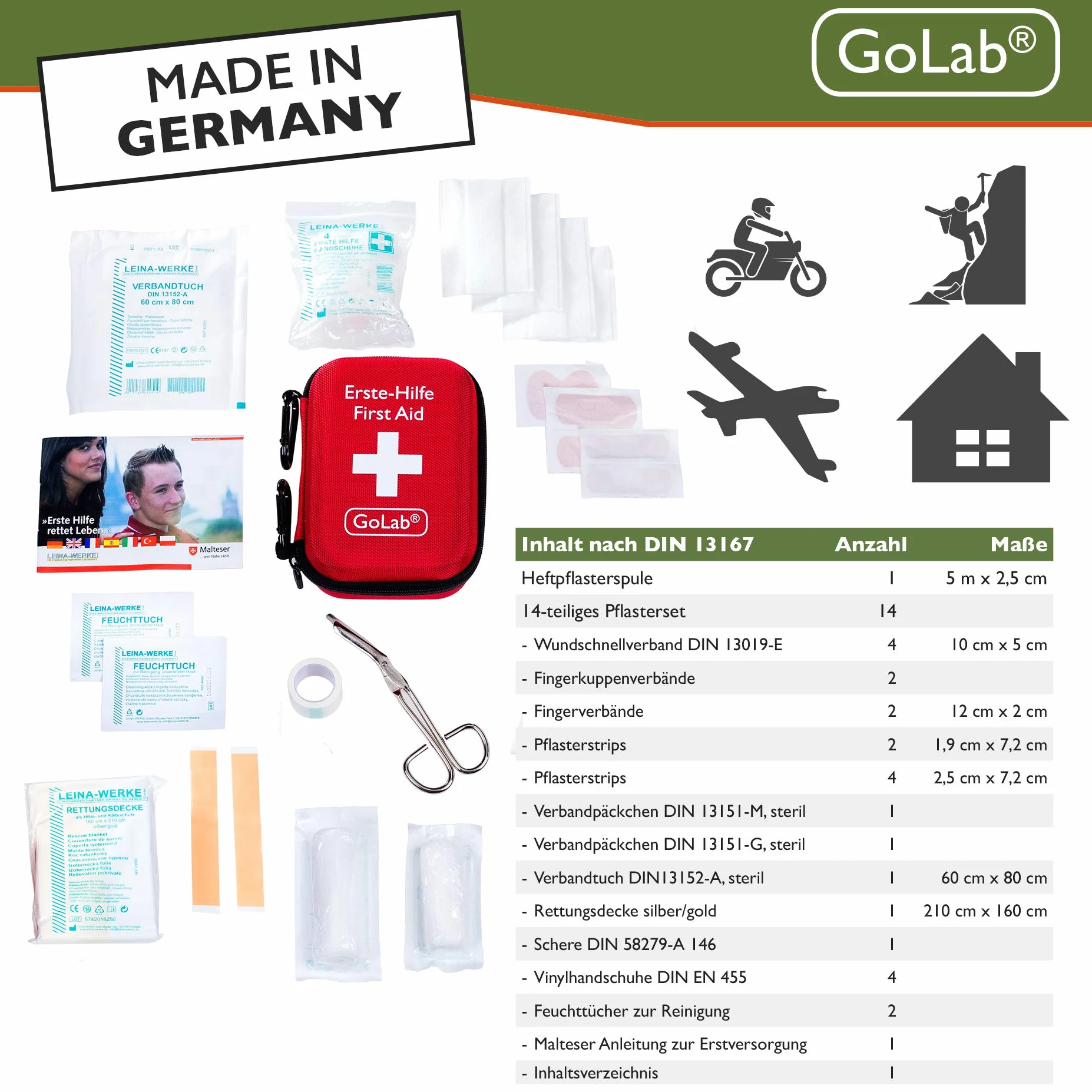 GoLab Apteczka pierwszej pomocy DIN 13167 z gwizdkiem alarmowym i maską do resuscytacji