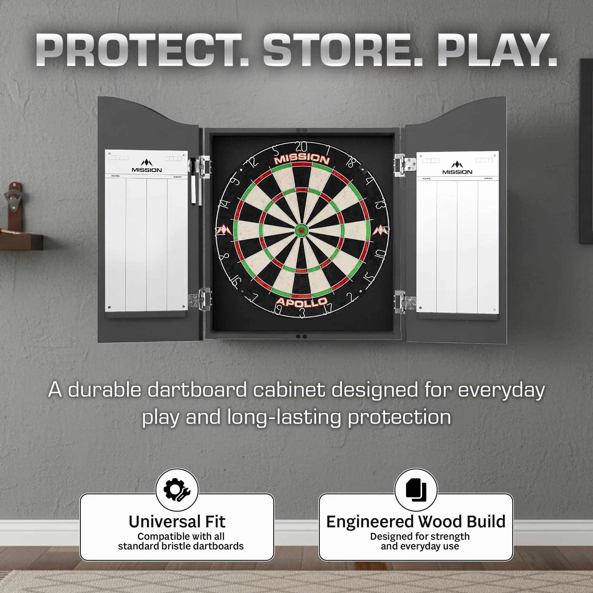 Mission Darts CAB011 | Deluxe wytrzymała szafka do darta z tablicami markerowymi, biała