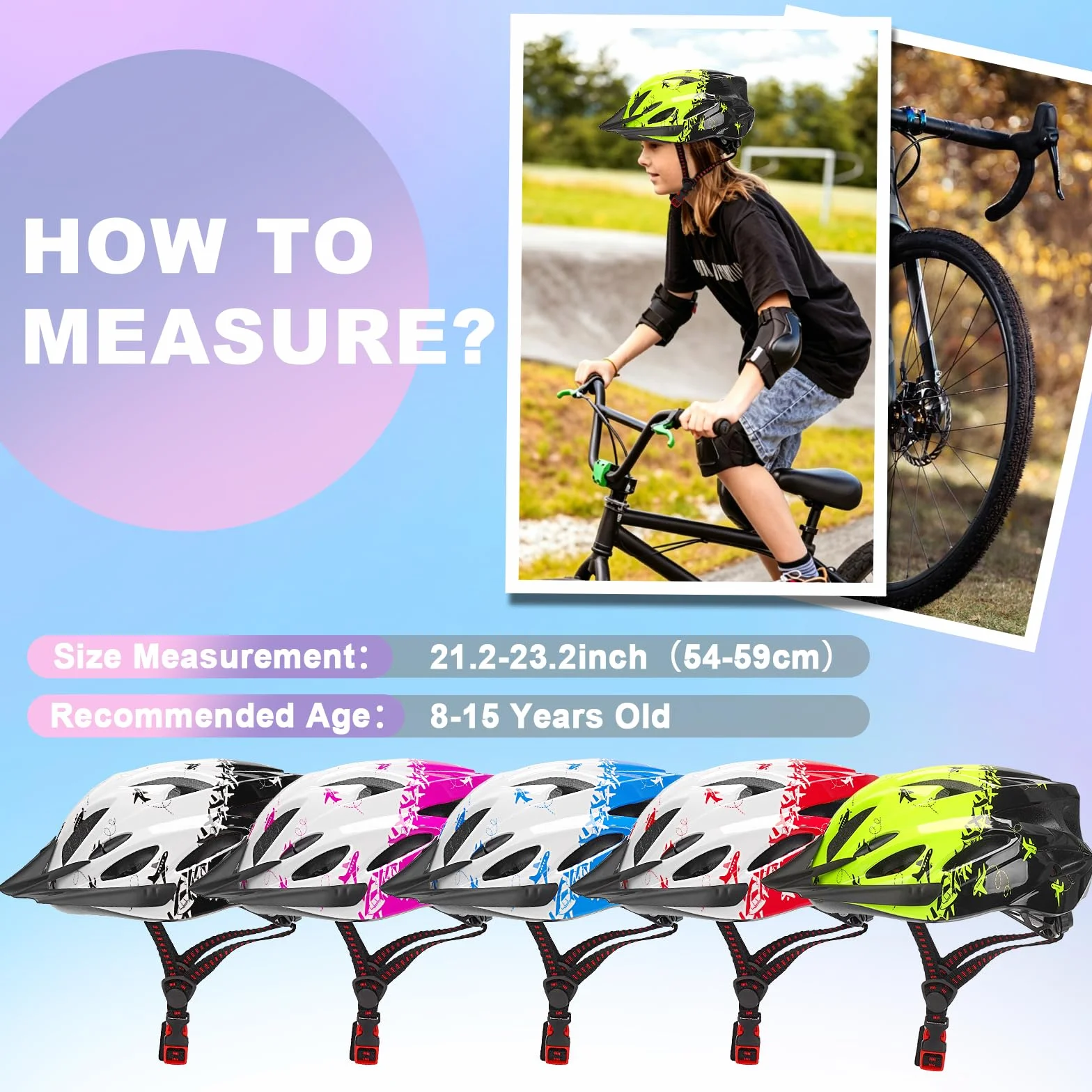 Dziecięcy kask rowerowy dla dziewcząt i chłopców, regulowany kask dziecięcy w wieku 8-15 lat, multisportowy kask dziecięcy (54-59 cm), kask rowerowy do jazdy na deskorolce, rowerze