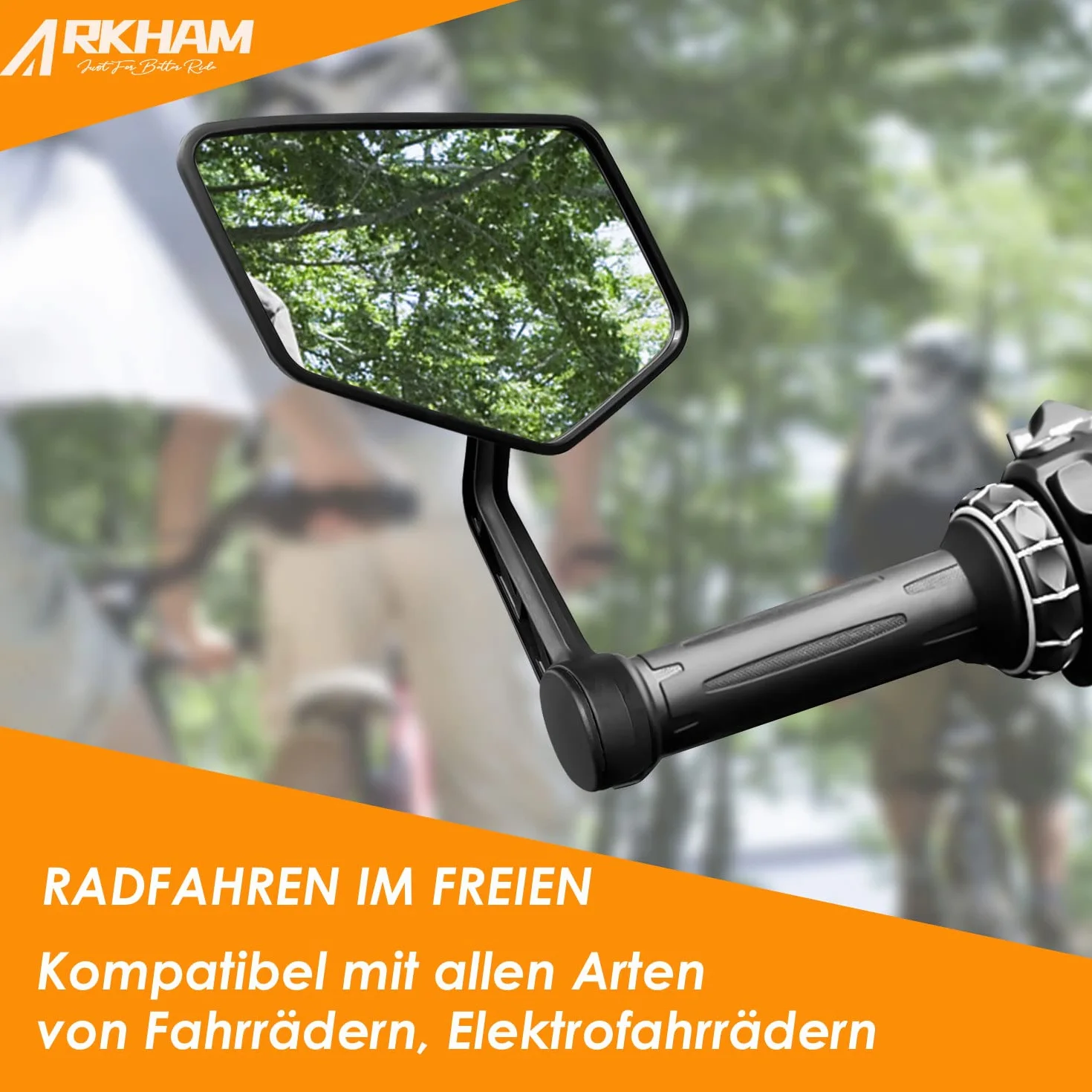Arkham Lusterko rowerowe z odpornego na uderzenia prawdziwego szkła HD, bardzo duża powierzchnia, na lewą stronę kierownicy (15–20 mm), uniwersalne lusterko wsteczne do rowerów elektrycznych, składane