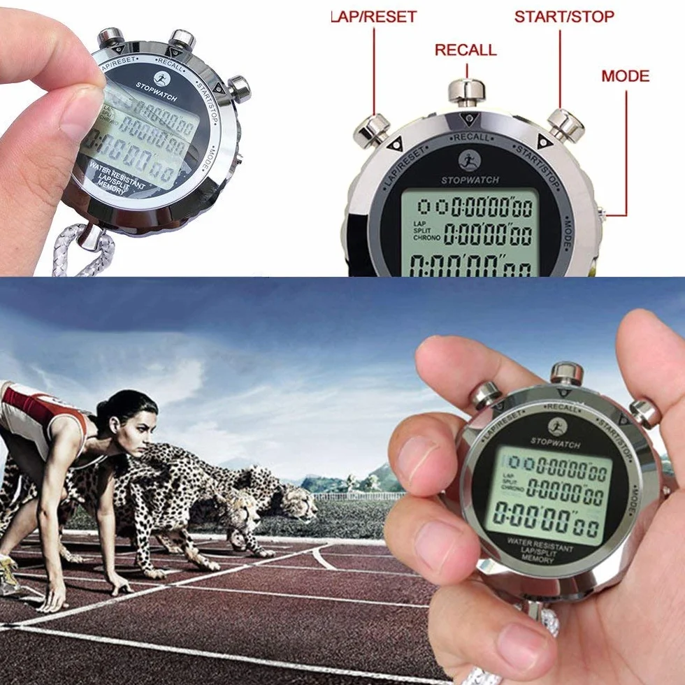 LAOPAO Metalowy stoper, 1/100 sekundy, 100 pamięci, wodoodporny elektroniczny chronograf na co dzień, do piłki nożnej, baseballu, sportów na świeżym powietrzu