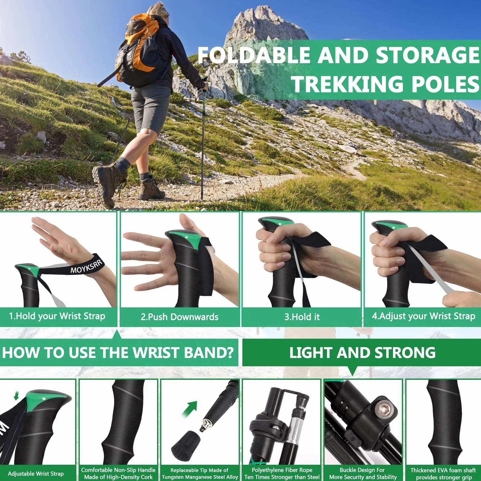 MOYKSRR Trekkingowe, teleskopowe kijka, kijki z włókna węglowego i aluminium, skladane, regulowane 108-135 cm, zamknięcie zaciskowe