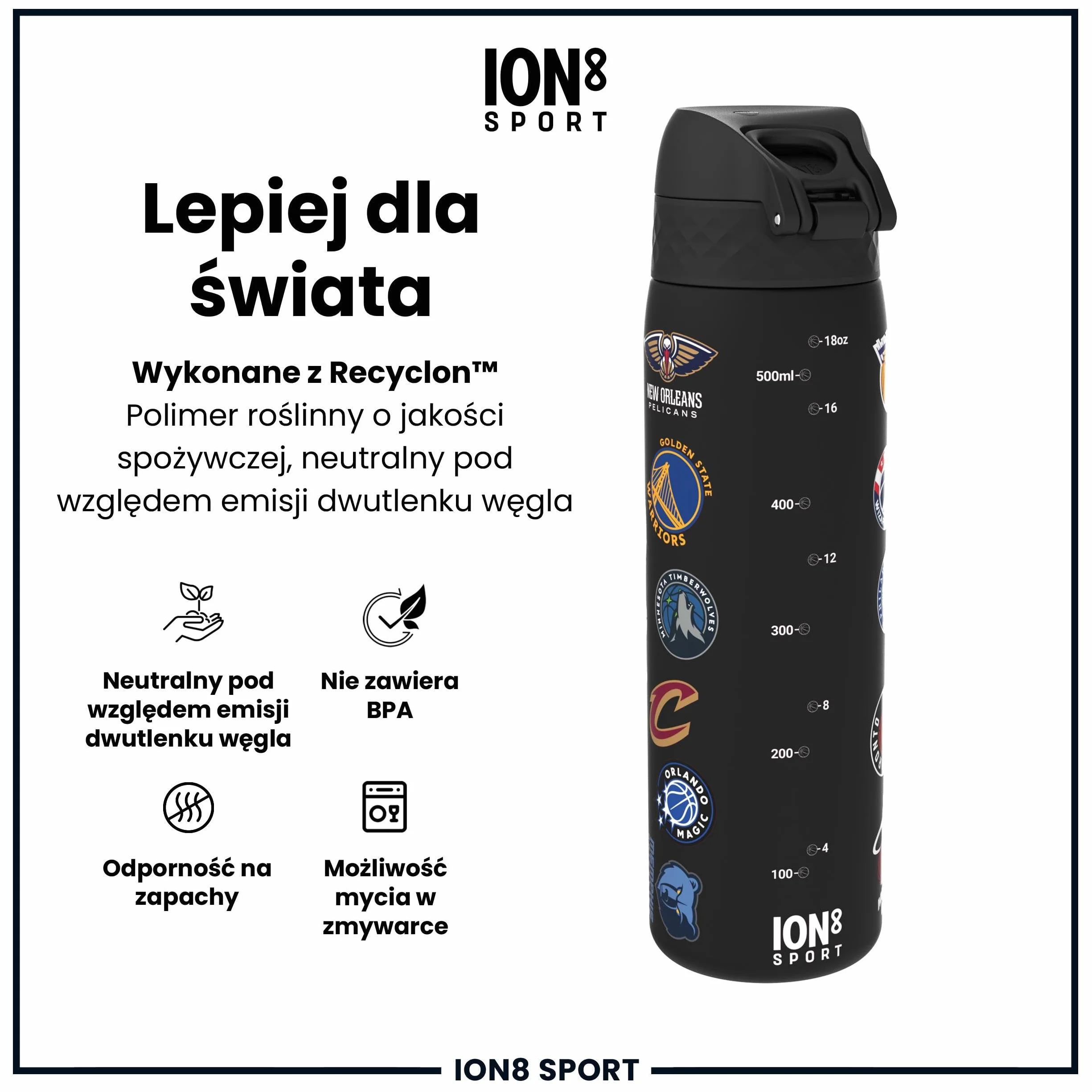 NBA Wiele Zespołów Butelka na Wodę, 500 ml/18 oz, Szczelna, Łatwe Otwieranie, Bezpieczny Zamek, Można Myć w Zmywarce, Bez BPA, Higieniczne Pokrycie, Uchwyt do Przenoszenia, Łatwa Czyszczenie